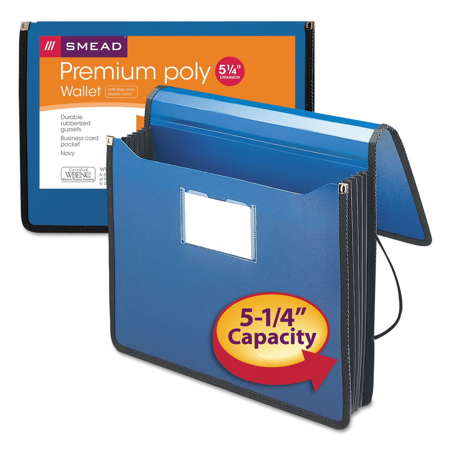 Smead Poly Premium Wallets, 5.25" Expansion, 1 Section, Elastic Cord Closure, Letter Size, Navy Blue