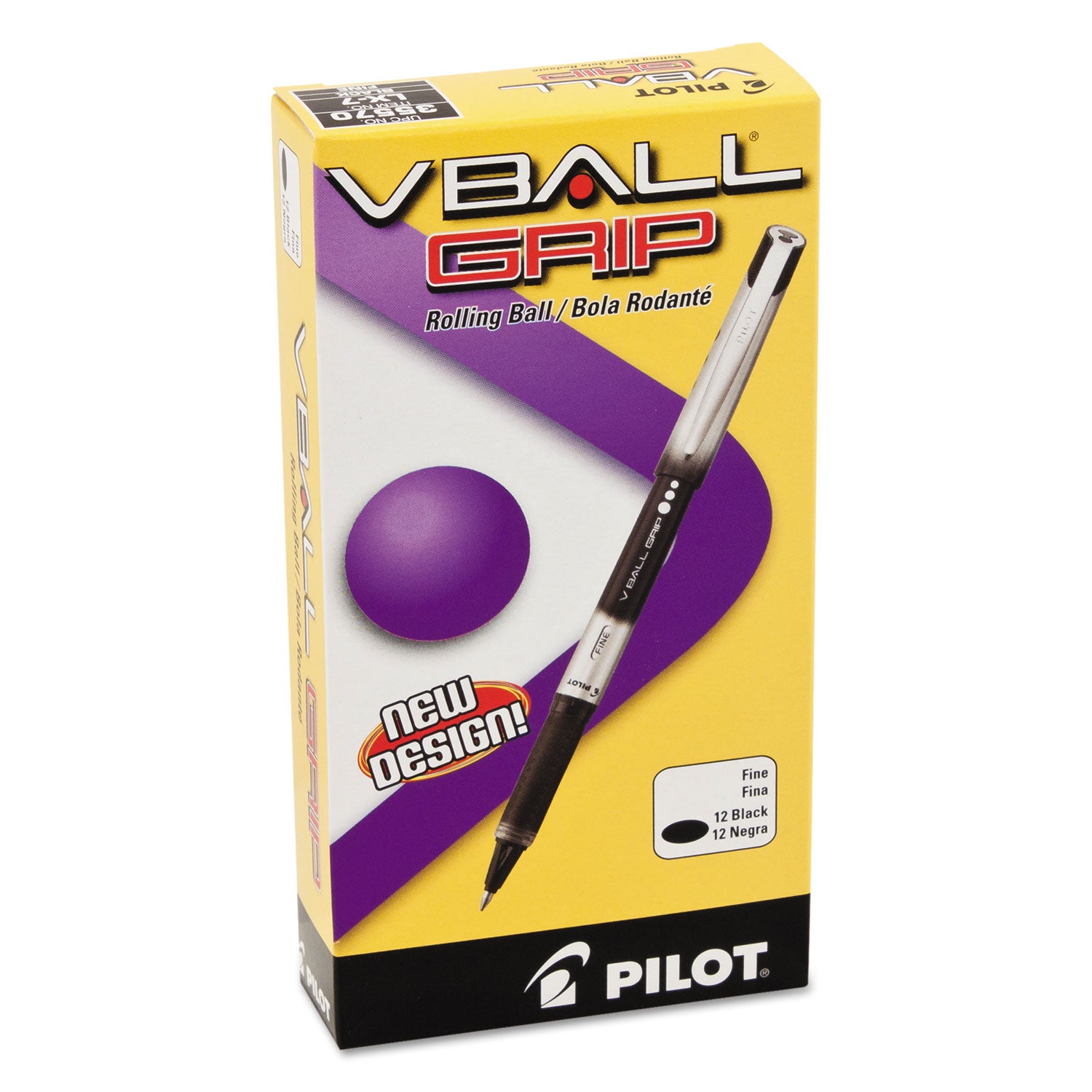Pilot® VBall Grip Liquid Ink Rollerball Pen, Stick, Fine 0.7 mm, Black Ink, Black/Silver Barrel, Dozen