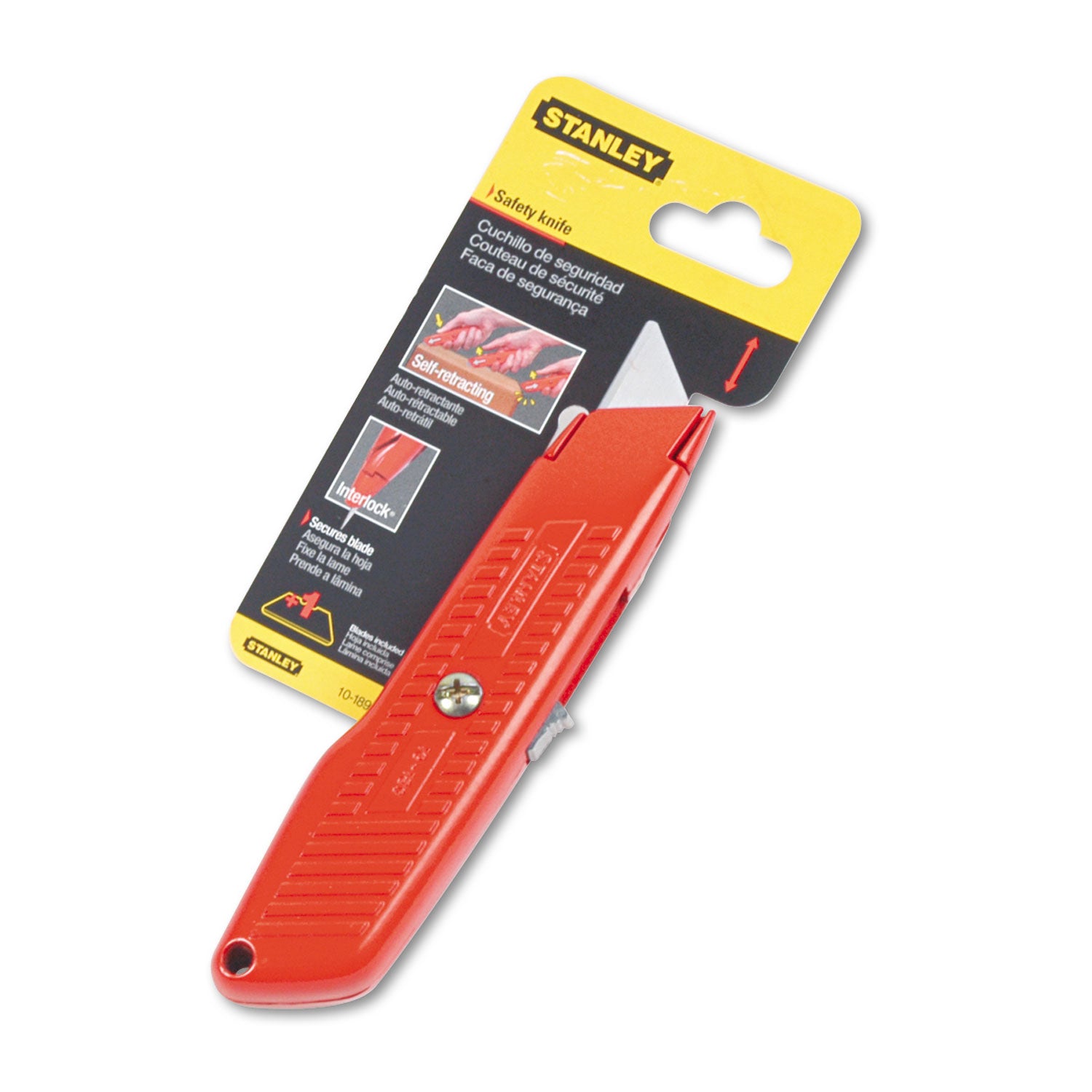 Stanley® Interlock Safety Utility Knife with Self-Retracting Round Point Blade, 5.63" Metal Handle, Red Orange