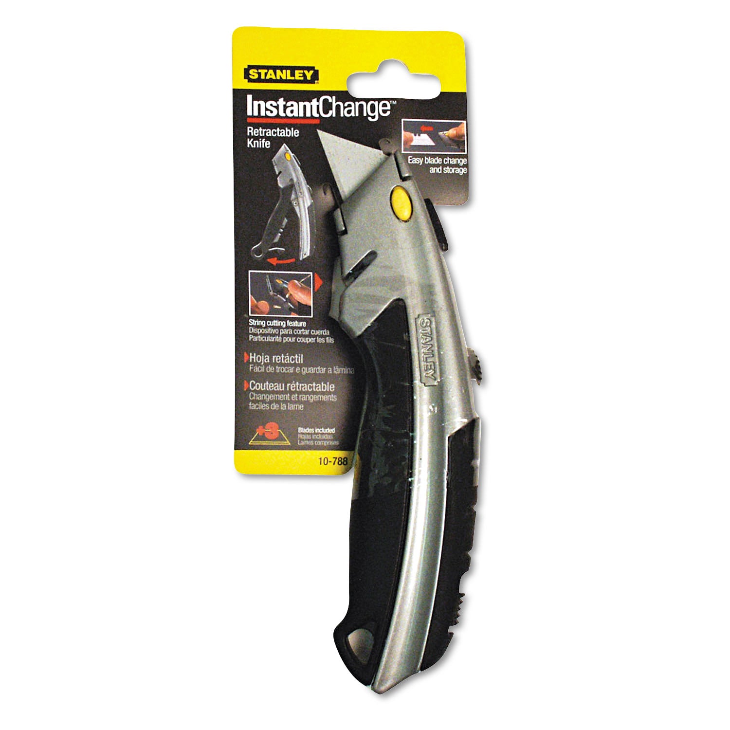 Stanley® Curved Quick-Change Utility Knife, Stainless Steel Retractable Blade, 3 Blades, 6.5" Metal Handle, Black/Chrome