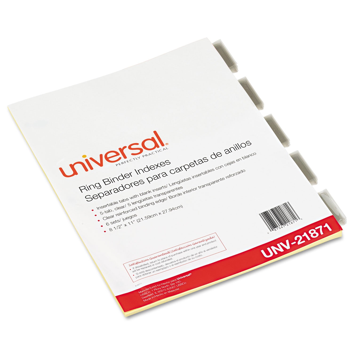 Universal® Insertable Tab Index, 5-Tab, 11 x 8.5, Buff, Clear Tabs, 6 Sets