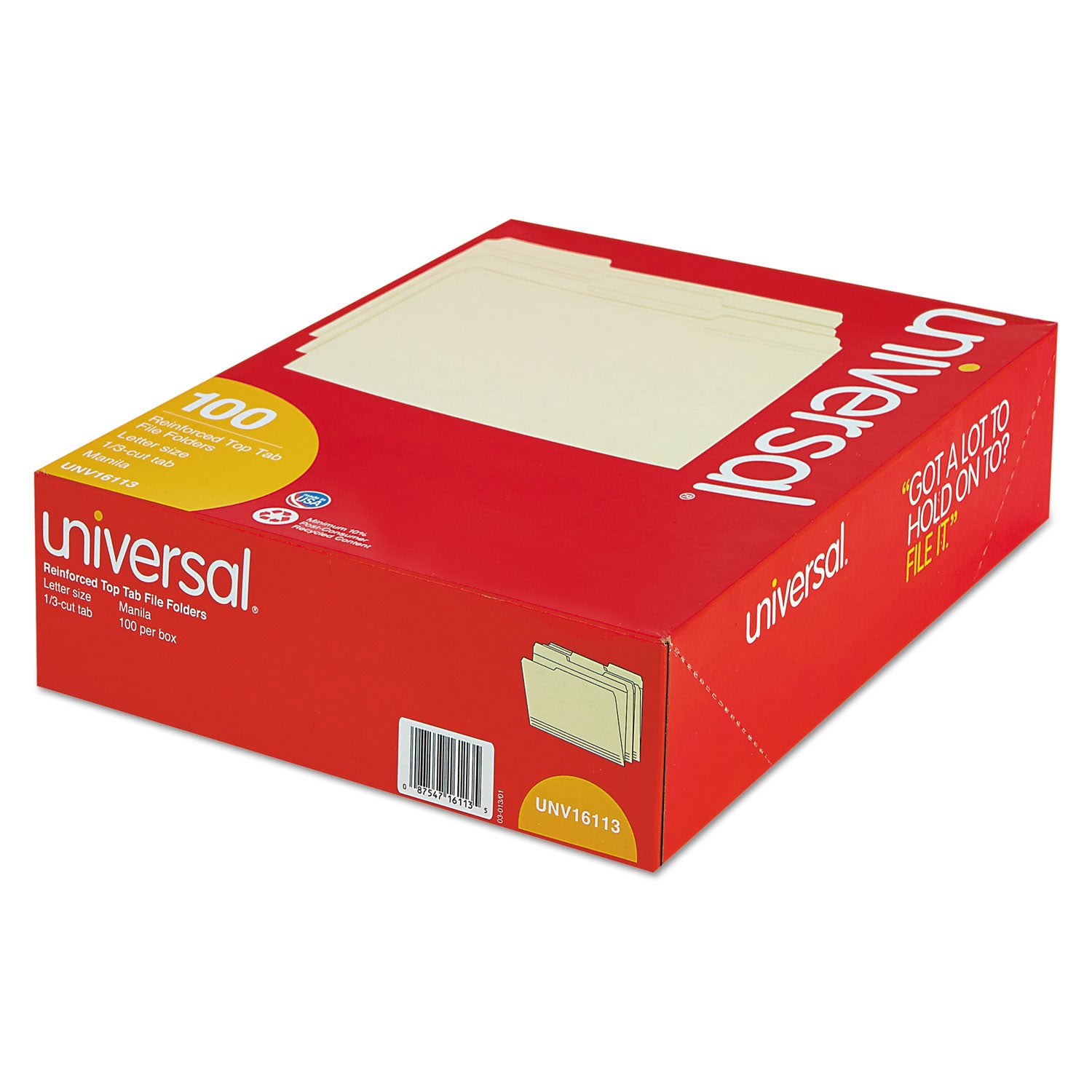Universal® Double-Ply Top Tab Manila File Folders, 1/3-Cut Tabs: Assorted, Letter Size, 0.75" Expansion, Manila, 100/Box