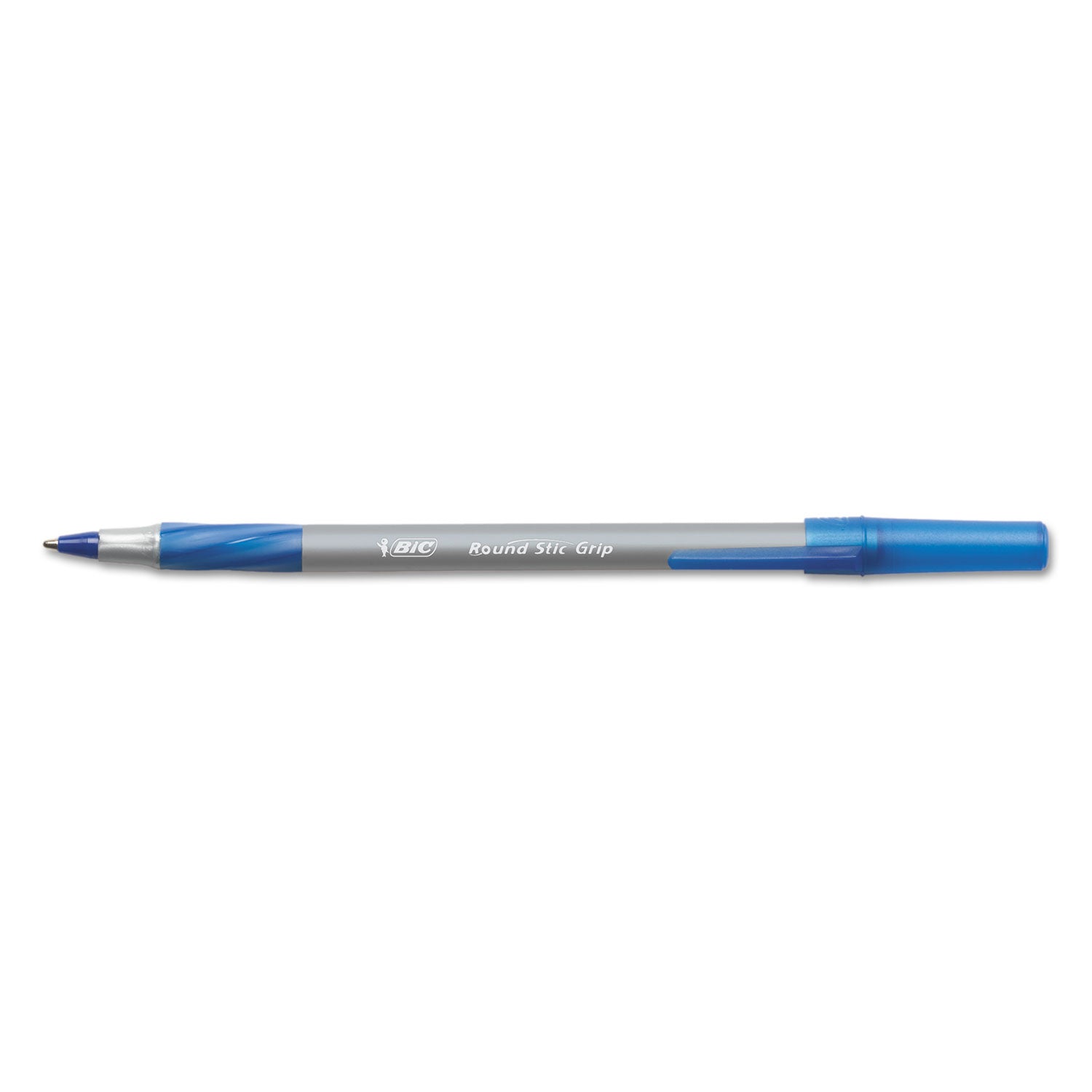 BIC® Round Stic Grip Xtra Comfort Ballpoint Pen, Stick, Fine 0.8 Mm, Blue Ink, Gray/blue Barrel, Dozen