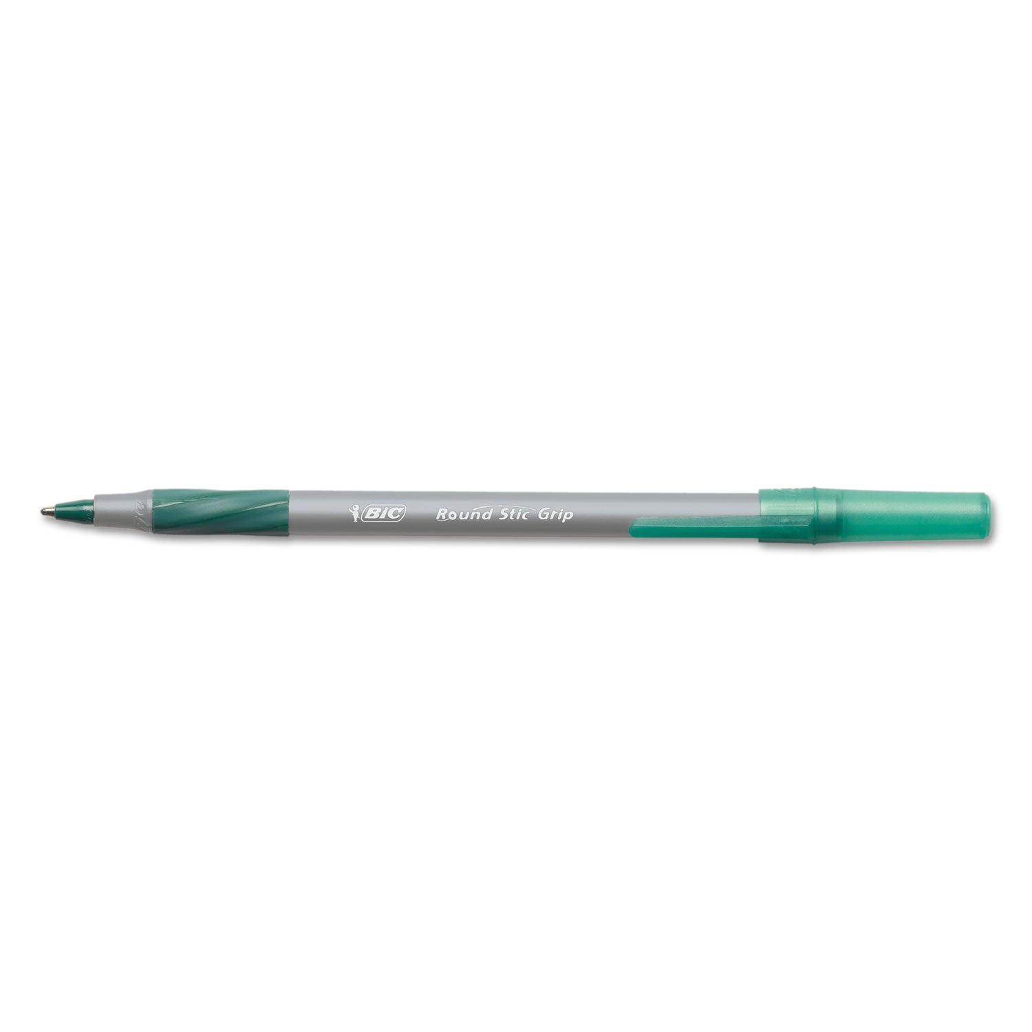 BIC® Round Stic Grip Xtra Comfort Ballpoint Pen, Easy-Glide System, Stick, Medium 1.2 mm, Green Ink, Gray/Green Barrel, Dozen