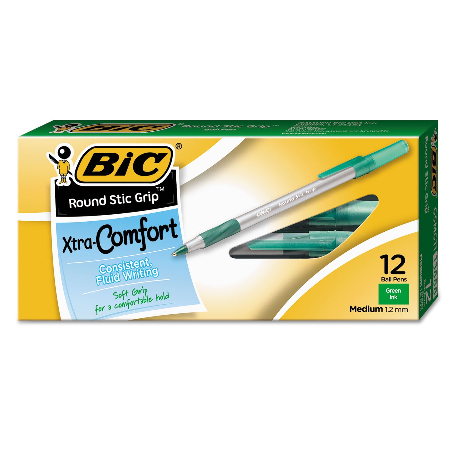 BIC® Round Stic Grip Xtra Comfort Ballpoint Pen, Easy-Glide System, Stick, Medium 1.2 mm, Green Ink, Gray/Green Barrel, Dozen