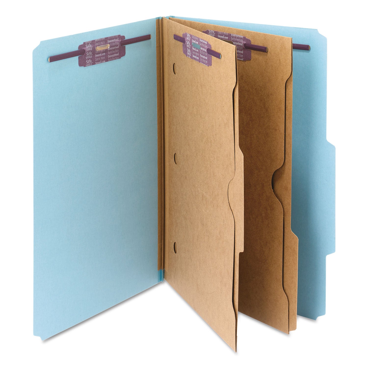 Smead 6-Section Pressboard Top Tab Pocket Classification Folders, 6 SafeSHIELD Fasteners, 2 Dividers, Legal Size, Blue, 10/Box