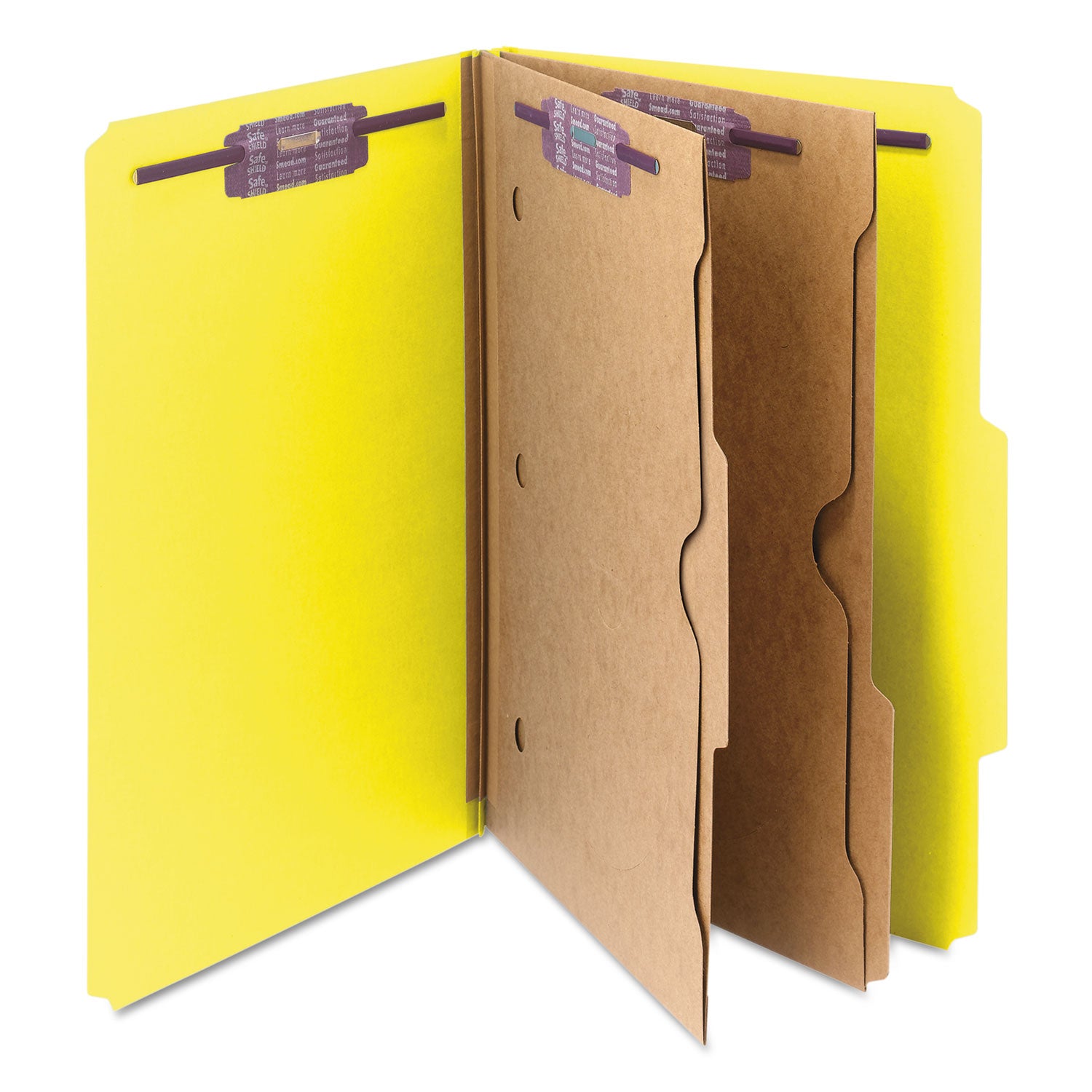 Smead 6-Section Pressboard Top Tab Pocket Classification Folders, 6 SafeSHIELD Fasteners, 2 Dividers, Legal Size, Yellow, 10/Box