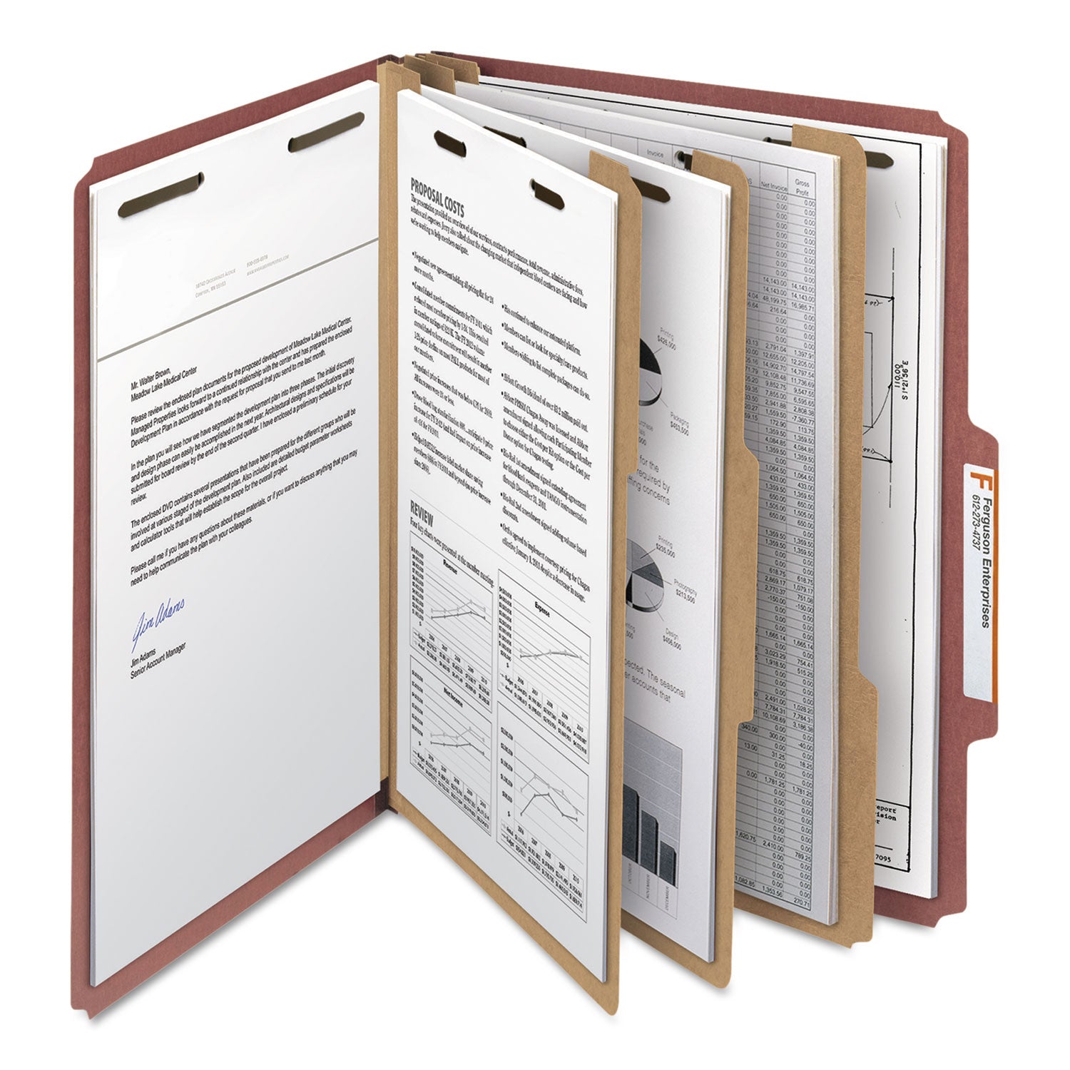 Smead Recycled Pressboard Classification Folders, 3" Expansion, 3 Dividers, 8 Fasteners, Letter Size, Red Exterior, 10/Box