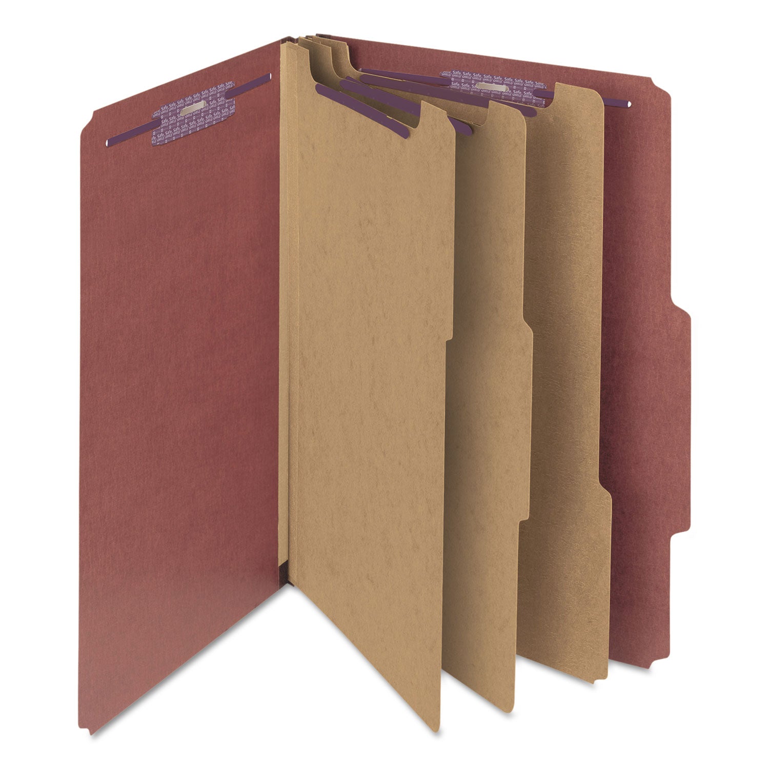 Smead Pressboard Classification Folders, Eight SafeSHIELD Fasteners, 2/5-Cut Tabs, 3 Dividers, Legal Size, Red, 10/Box