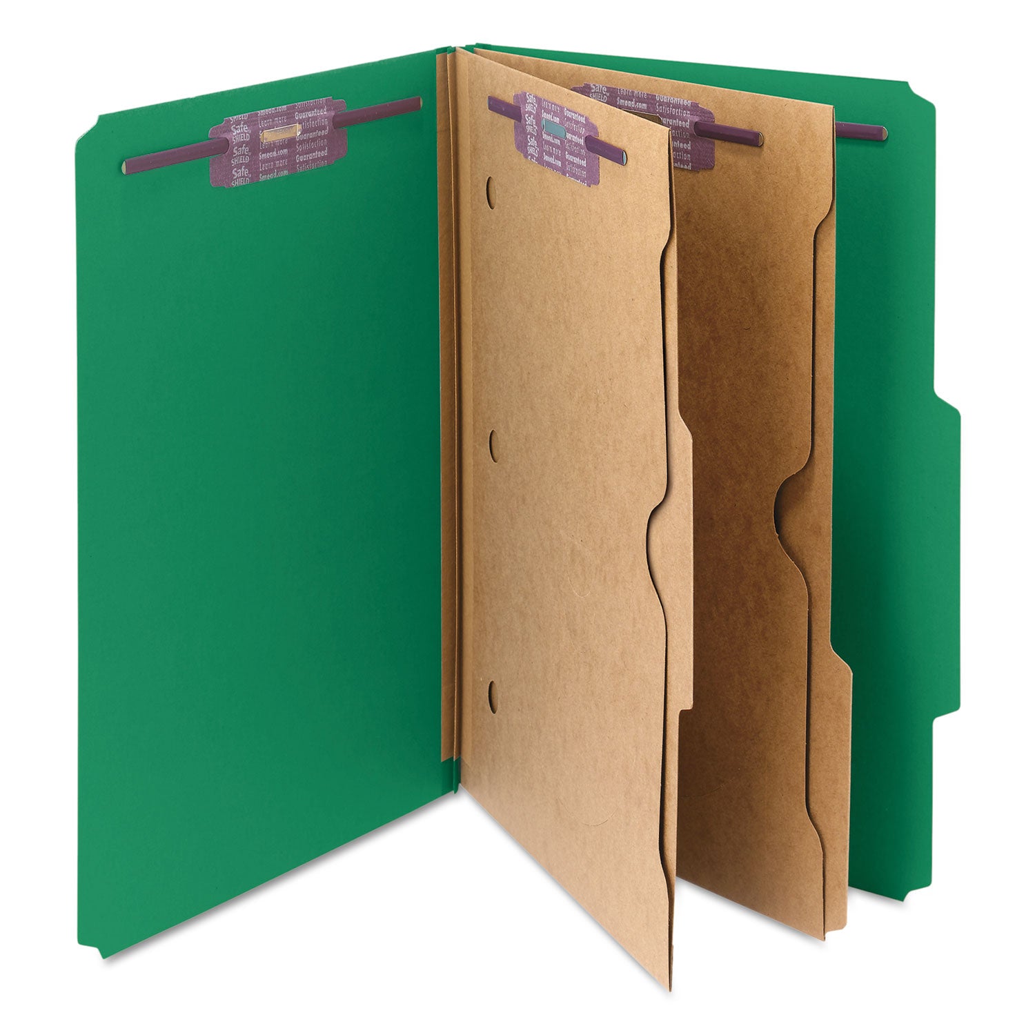 Smead 6-Section Pressboard Top Tab Pocket Classification Folders, 6 SafeSHIELD Fasteners, 2 Dividers, Legal Size, Green, 10/Box