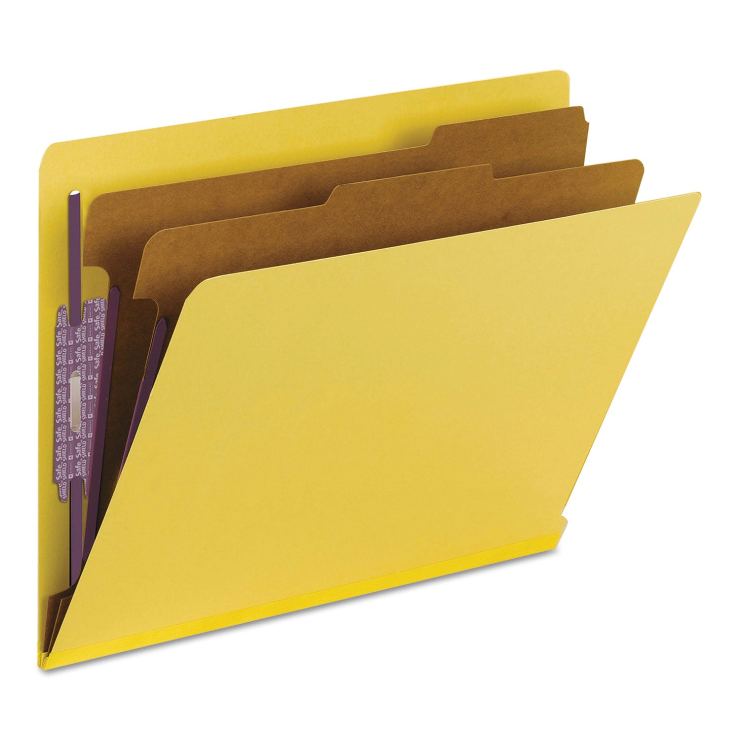 Smead End Tab Pressboard Classification Folders, Six SafeSHIELD Fasteners, 2" Expansion, 2 Dividers, Letter Size, Yellow, 10/Box
