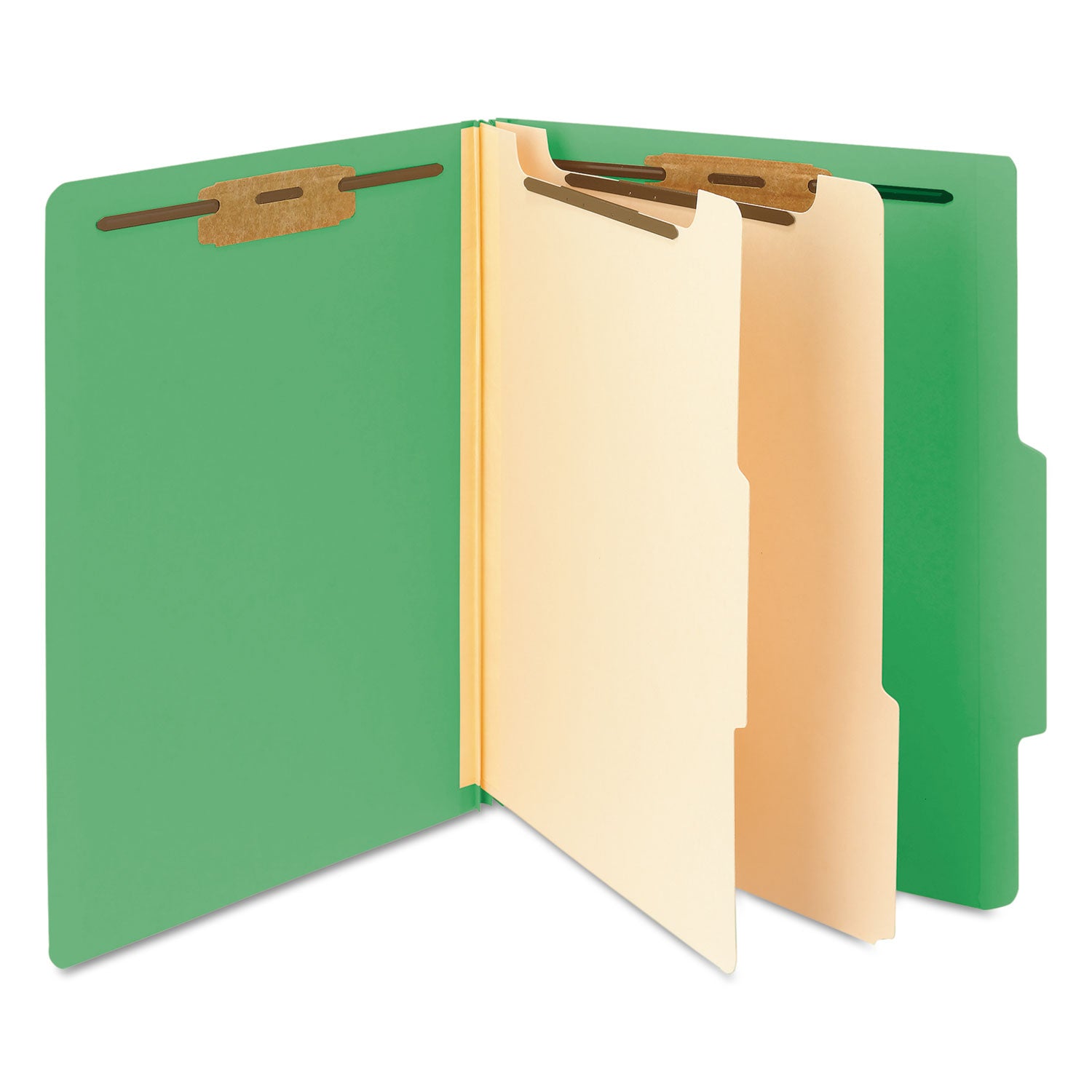 Smead Top Tab Classification Folders, Six SafeSHIELD Fasteners, 2" Expansion, 2 Dividers, Letter Size, Green Exterior, 10/Box