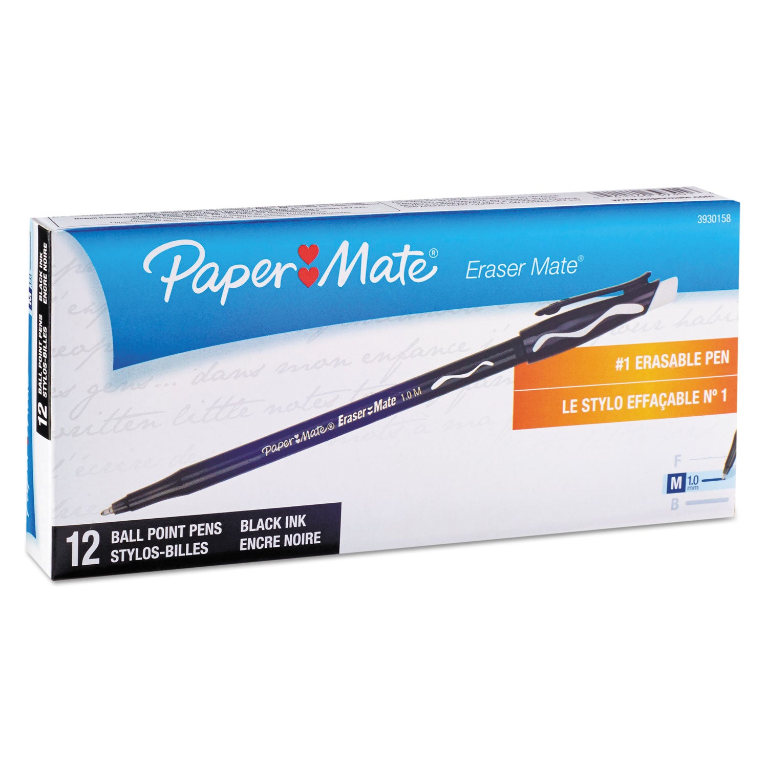 Paper Mate® Eraser Mate Ballpoint Pen, Stick, Medium 1 Mm, Black Ink, Black Barrel, Dozen