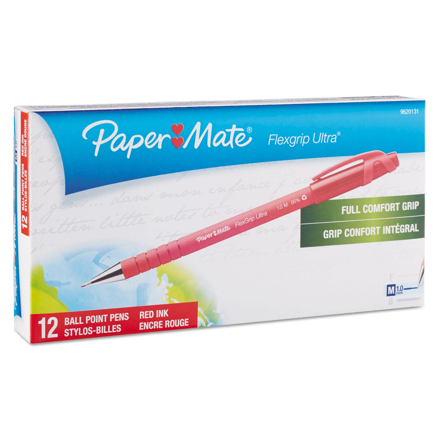 Paper Mate® FlexGrip Ultra Recycled Ballpoint Pen, Stick, Medium 1 mm, Red Ink, Red Barrel, Dozen