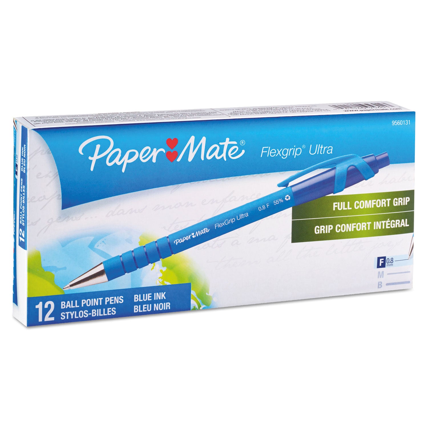 Paper Mate® FlexGrip Ultra Recycled Ballpoint Pen, Retractable, Fine 0.8 mm, Blue Ink, Black/Blue Barrel, Dozen