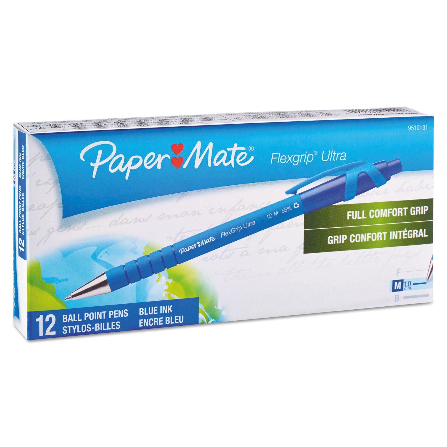 Paper Mate® FlexGrip Ultra Recycled Ballpoint Pen, Retractable, Medium 1 mm, Blue Ink, Blue Barrel, Dozen