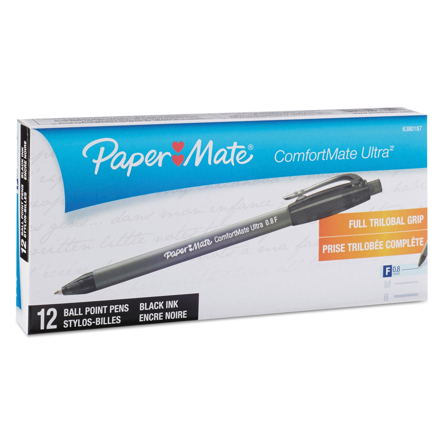 Paper Mate® Comfortmate Ultra Ballpoint Pen, Retractable, Fine 0.8 Mm, Black Ink, Black Barrel, Dozen
