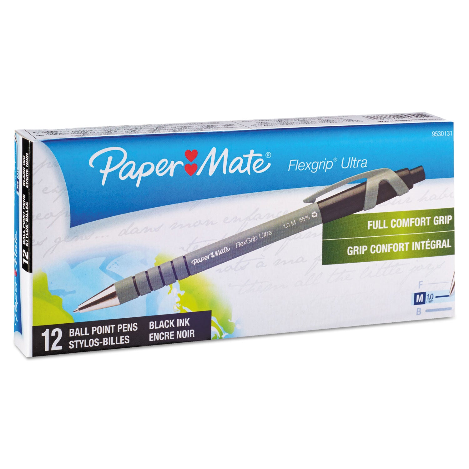 Paper Mate® FlexGrip Ultra Recycled Ballpoint Pen, Retractable, Medium 1 mm, Black Ink, Black/Gray Barrel, Dozen