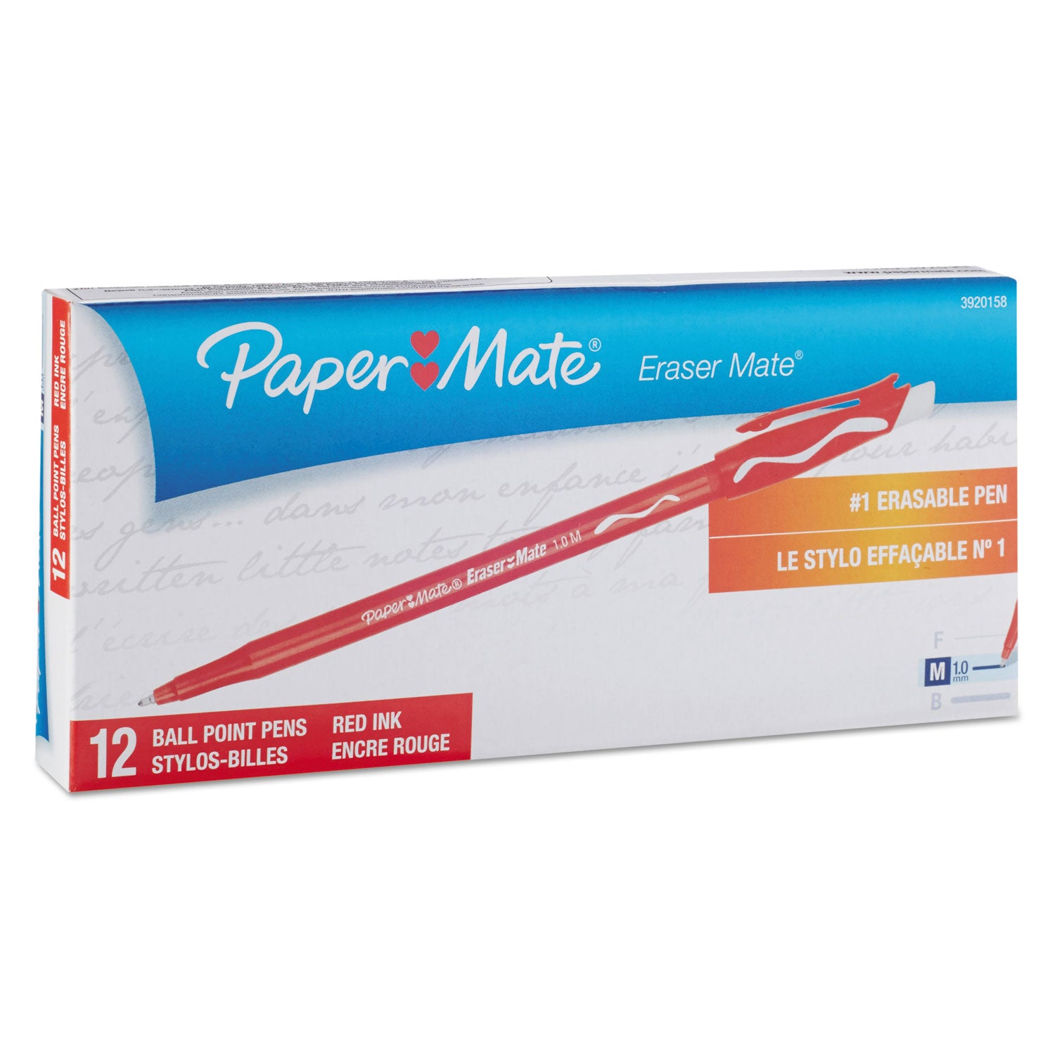Paper Mate® Eraser Mate Ballpoint Pen, Stick, Medium 1 Mm, Red Ink, Red Barrel, Dozen