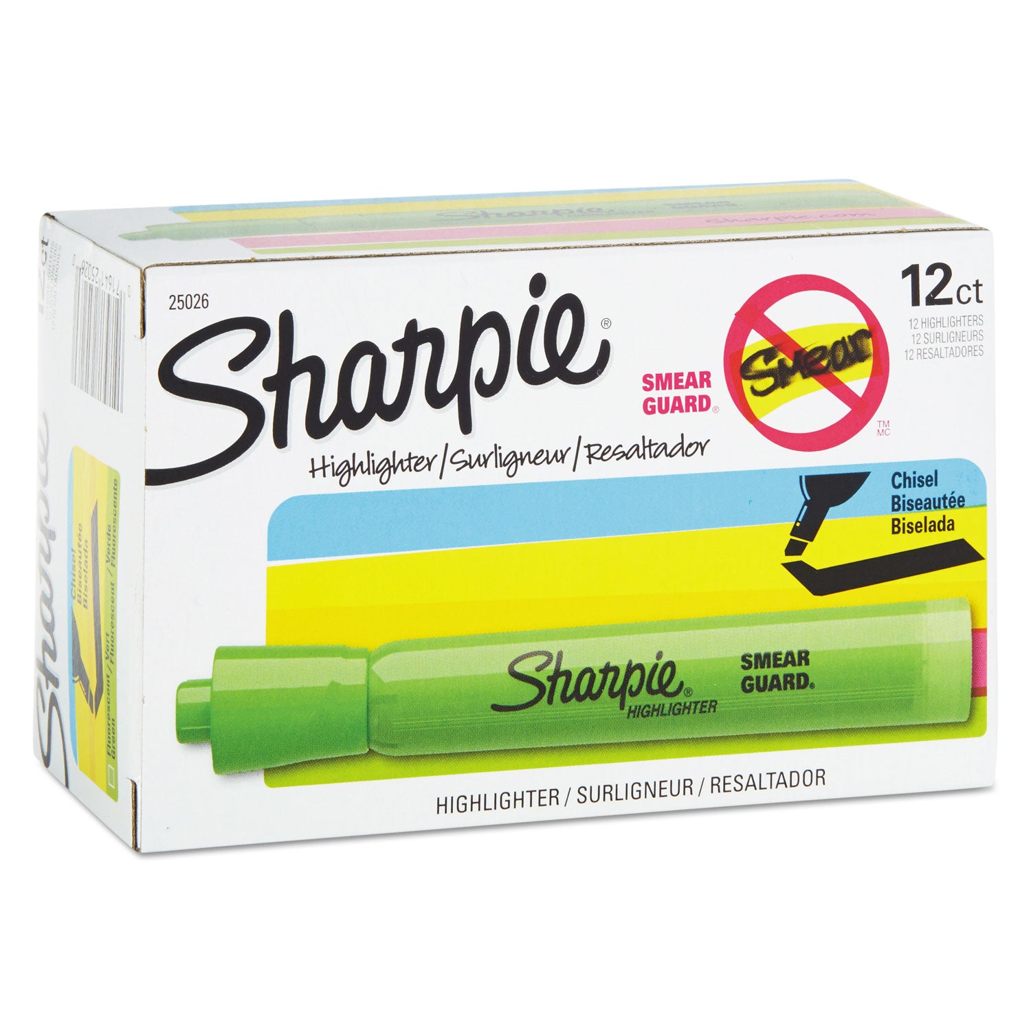 Sharpie® Tank Style Highlighters, Fluorescent Green Ink, Chisel Tip, Green Barrel, Dozen