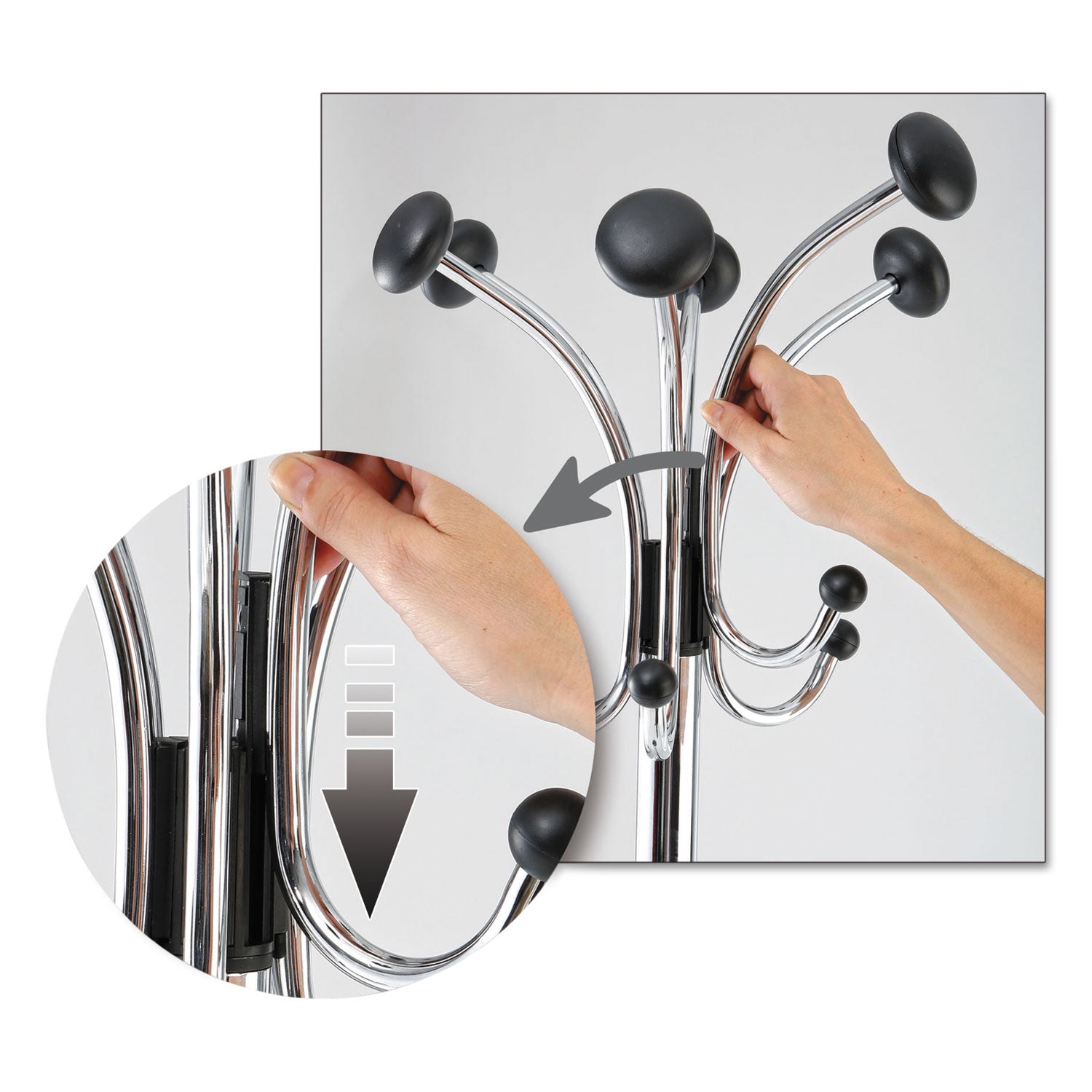 Alba™ Chromy Coat Stand, 12 Knobs, 16w X 16d X 70.5h, Chrome/black