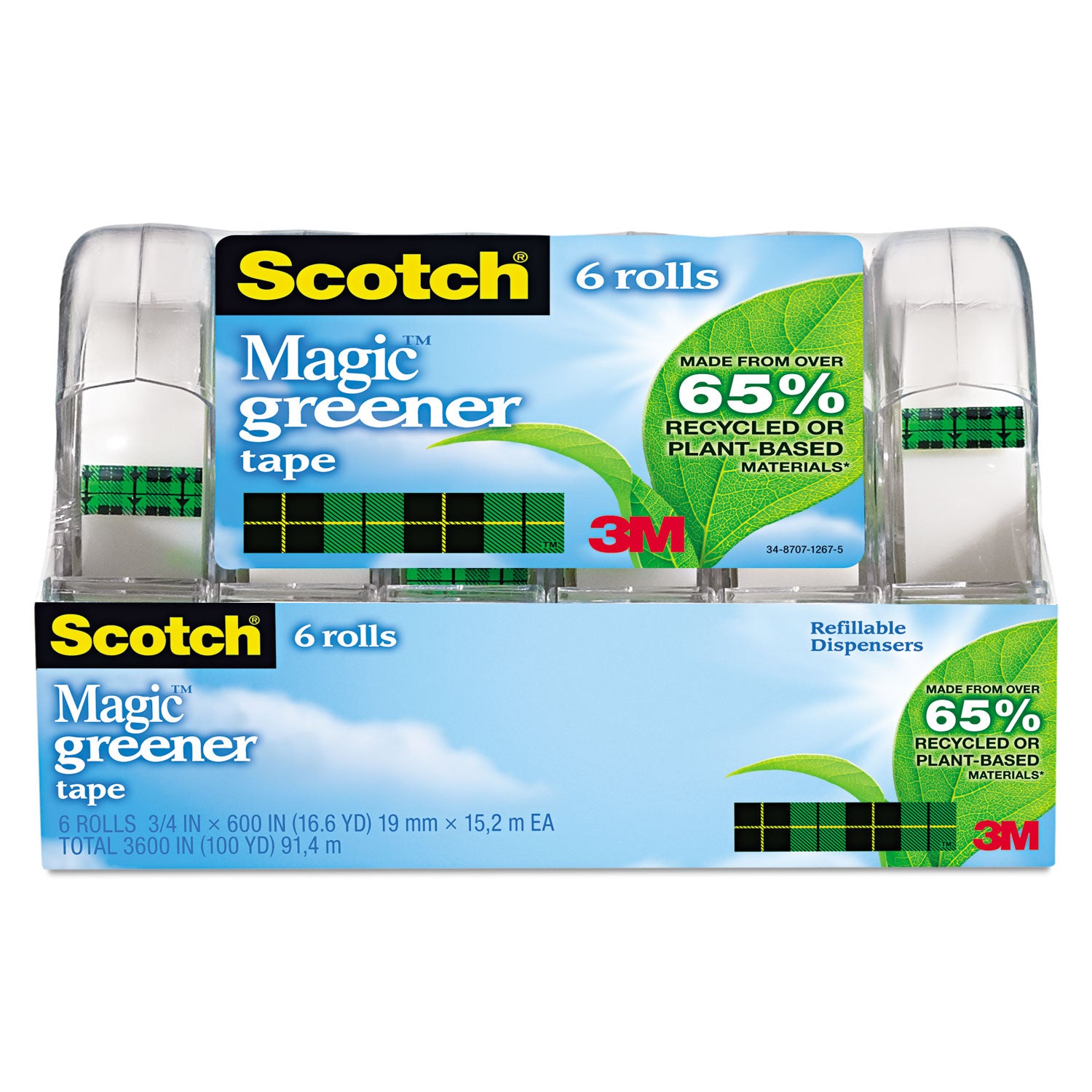 Scotch® Magic Greener Tape With Dispenser, 1" Core, 0.75" X 50 Ft, Clear, 6/pack