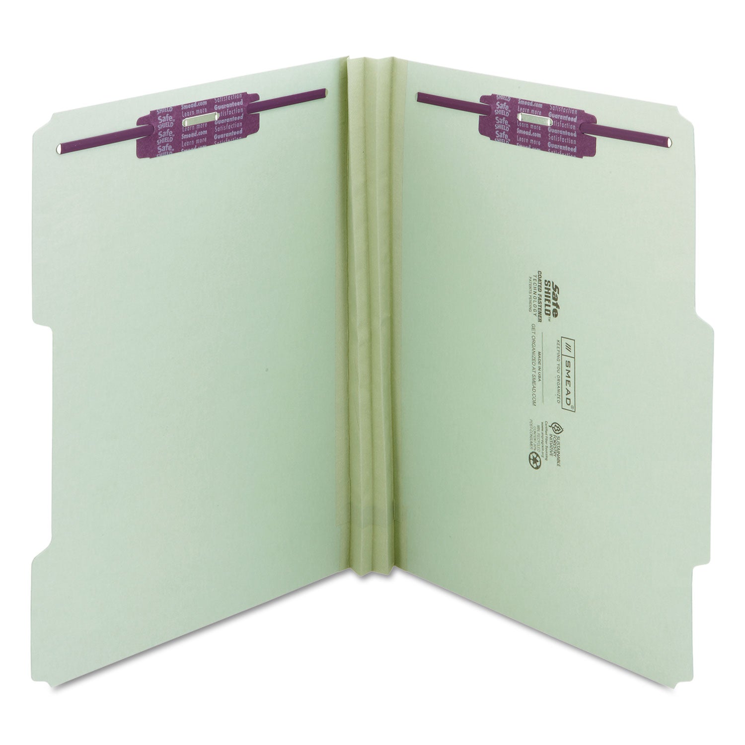 Smead Recycled Pressboard Folders, Two SafeSHIELD Coated Fasteners, 2/5-Cut: R of C, 2" Expansion, Letter Size, Gray-Green, 25/Box