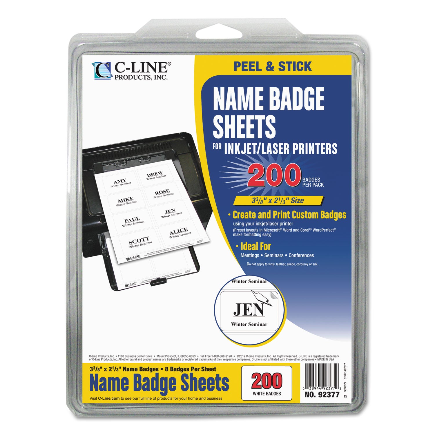 C-Line® Laser Printer Name Badges, 3 3/8 X 2 1/3, White, 200/box