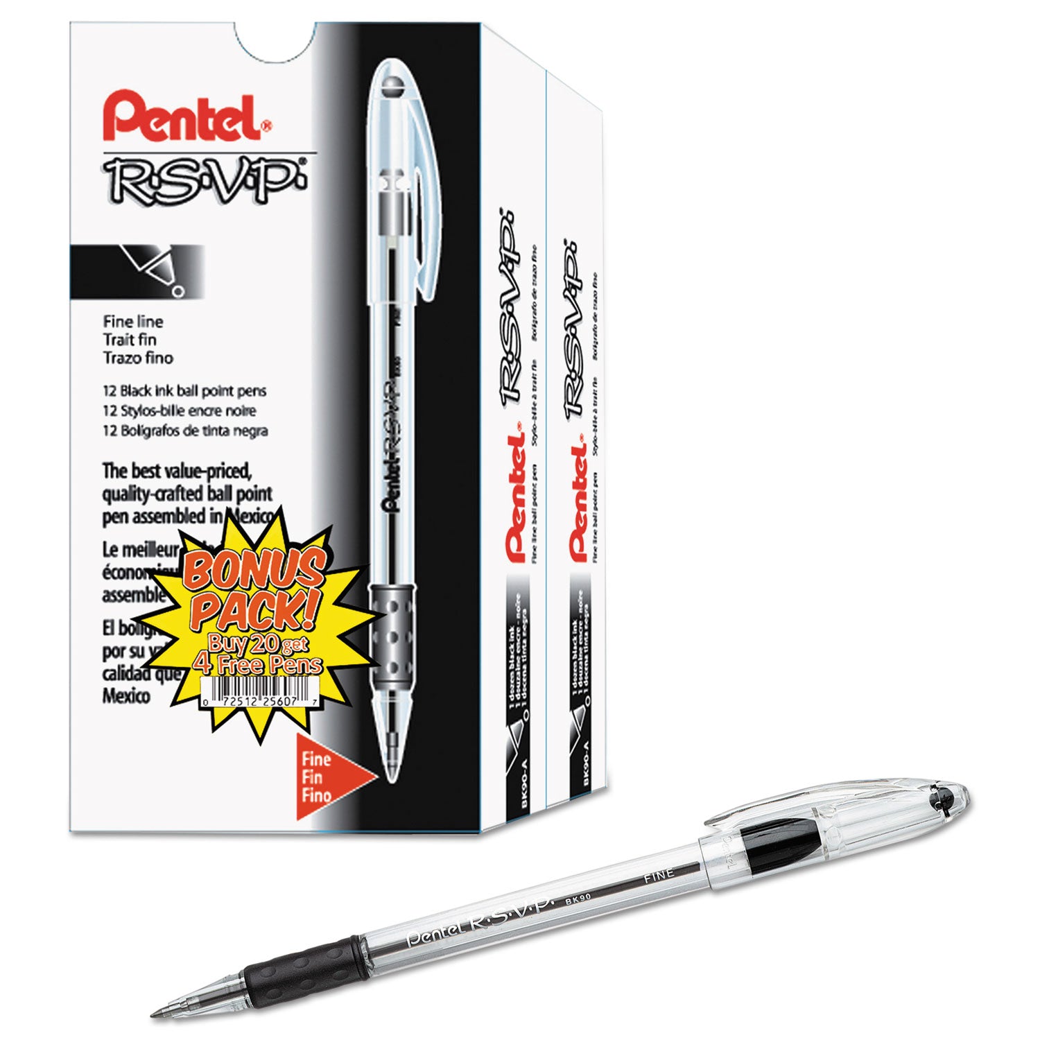 Pentel® R.s.v.p. Ballpoint Pen Value Pack, Stick, Fine 0.7 Mm, Black Ink, Clear/black Barrel, 24/pack