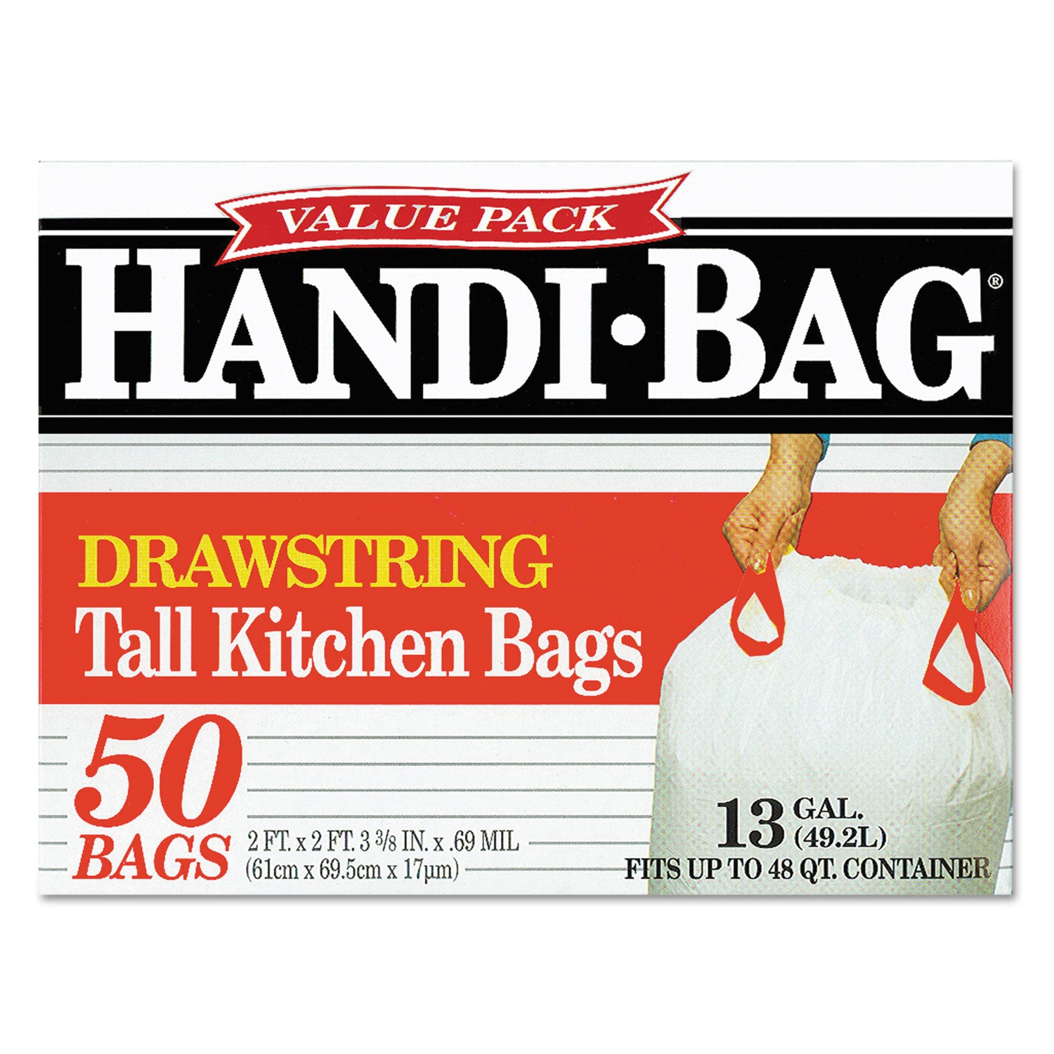 Handi-Bag® Drawstring Kitchen Bags, 13 gal, 24" x 27.38", White, 50/Box