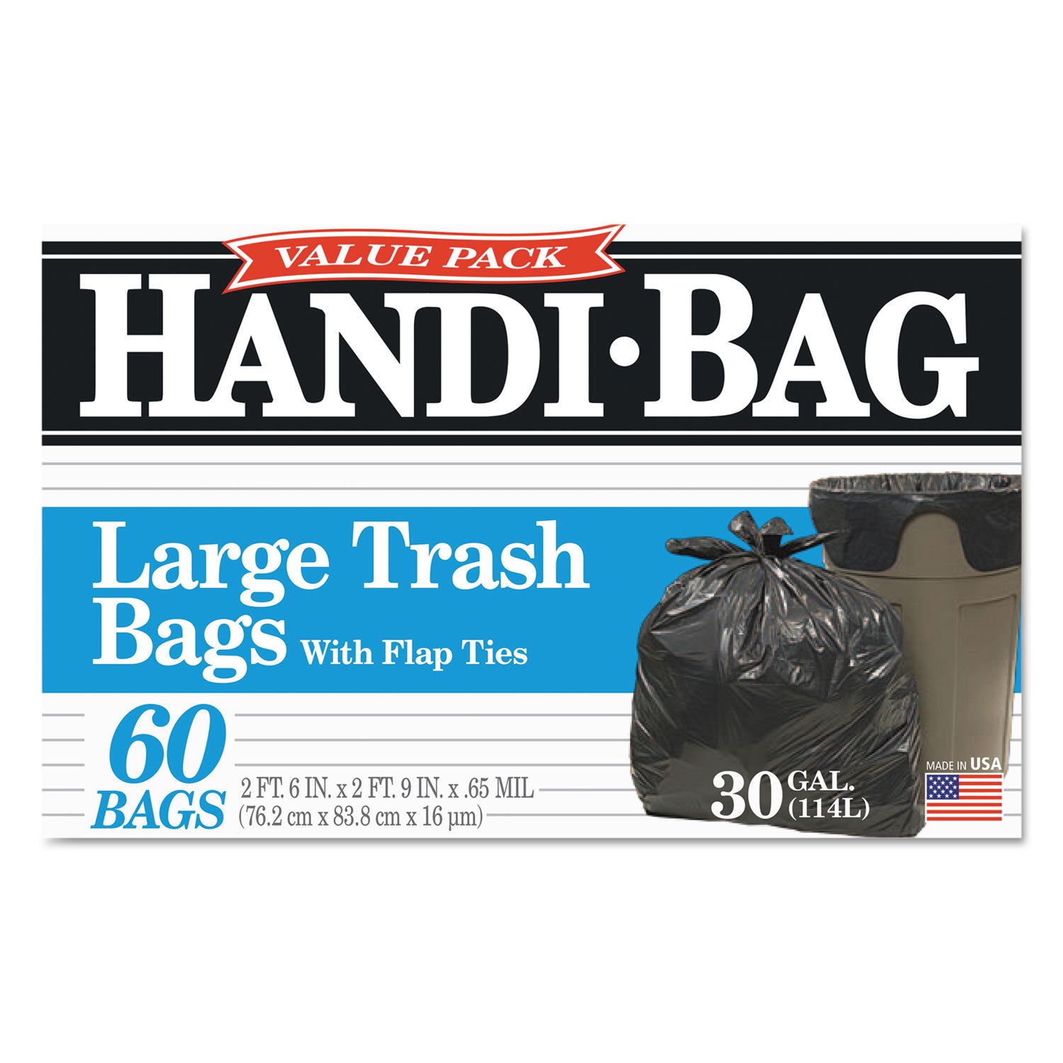 Handi-Bag® Super Value Pack Can Liners, 30 gal, 0.65 mil, 30" x 33", Black, 60/Box