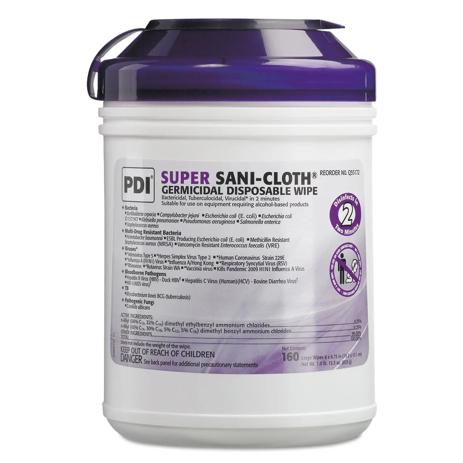 Super Sani-Cloth Germicidal Disposable Wipes, 1-Ply, 6 x 6.75, Unscented, White, 160/Canister, 12 Canisters/Carton