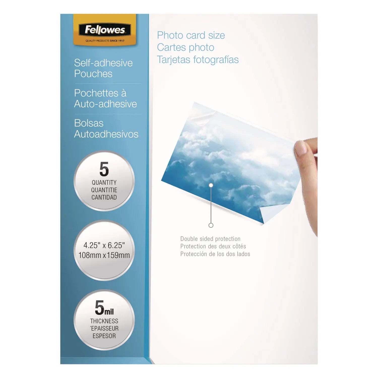Self-Adhesive Laminating Pouches, 5 mil, 4.25" x 6.25", Gloss Clear, 5/Pack Fellowes® Flipcost