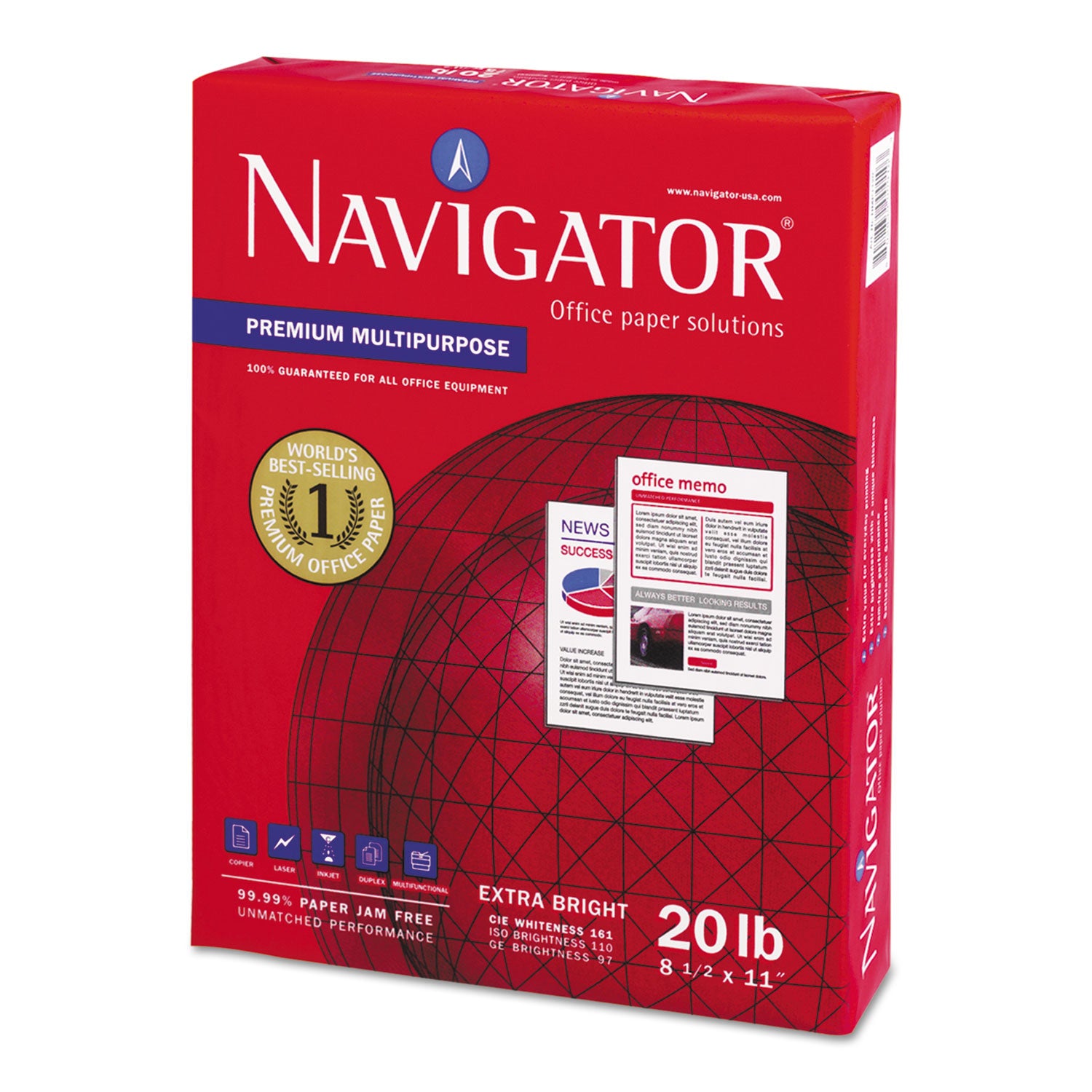 Navigator® Premium Multipurpose Copy Paper, 97 Bright, 20lb Bond Weight, 8.5 x 11, White, 500/Ream, 10 Reams/Carton, 40 Cartons/Pallet