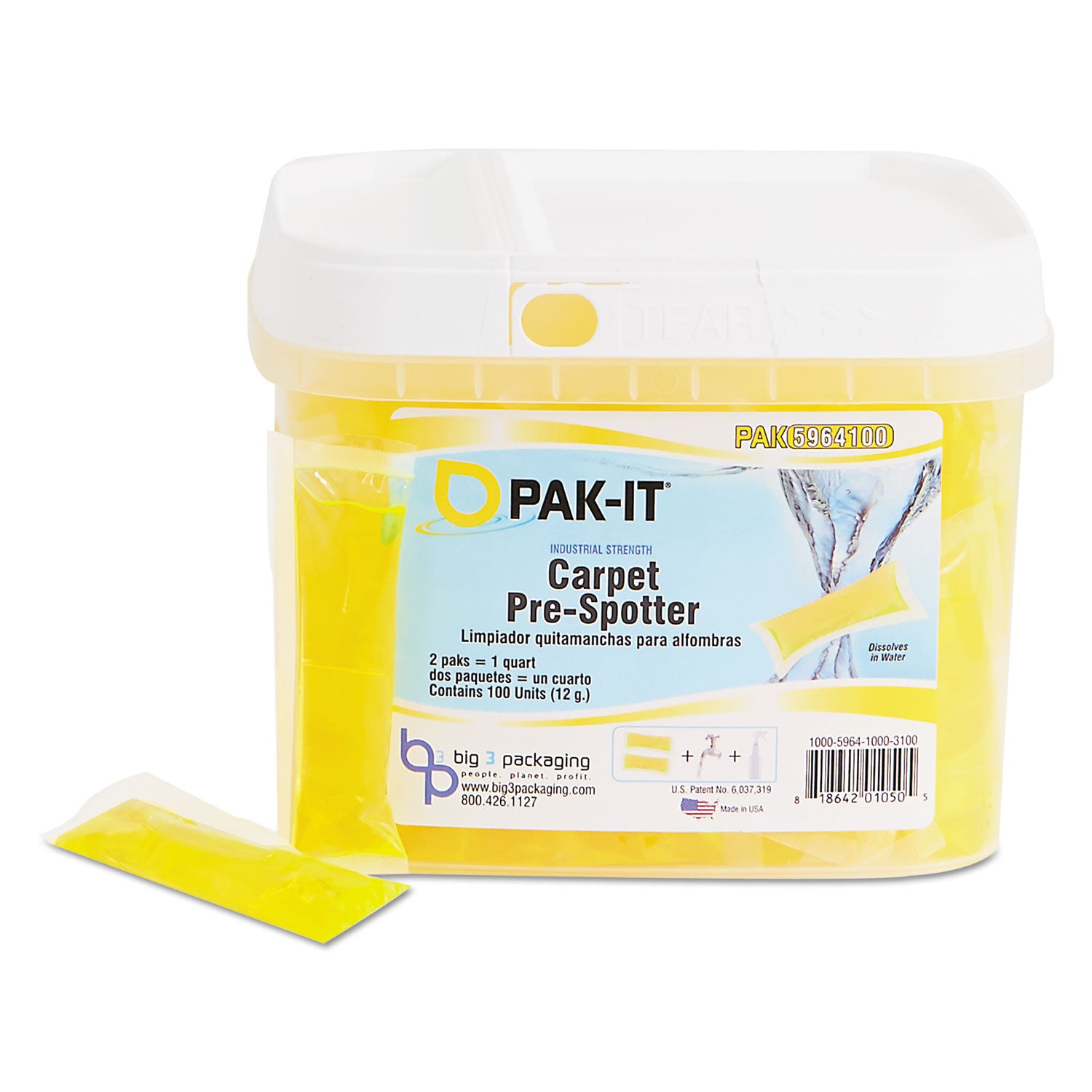 PAK-IT® Carpet Pre-Spotter, Citrus Scent, 100 Pak-Its/tub, 4 Tubs/carton