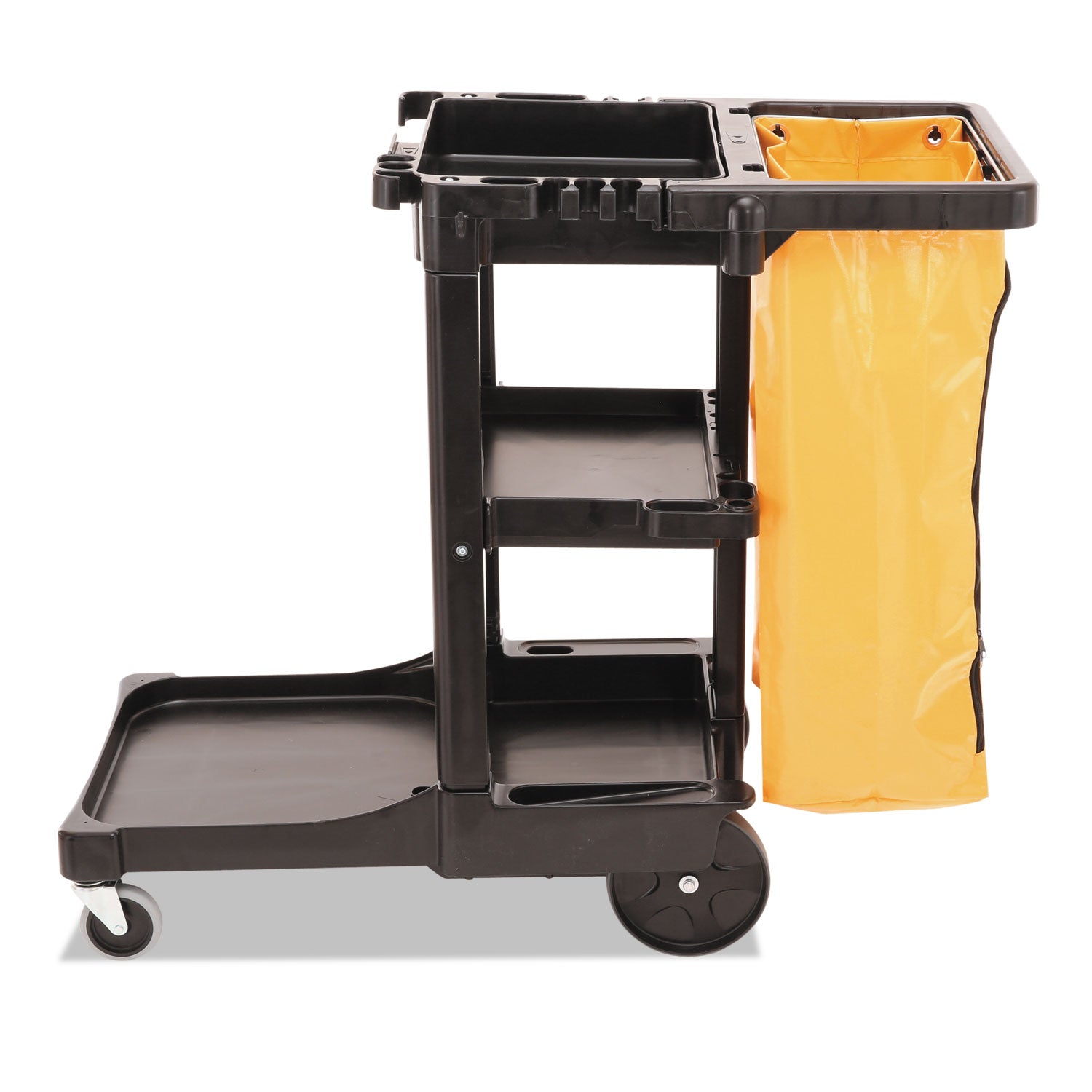 Rubbermaid® Commercial Multi-Shelf Cleaning Cart, Plastic, 4 Shelves, 1 Bin, 20" x 45" x 38.25", Black