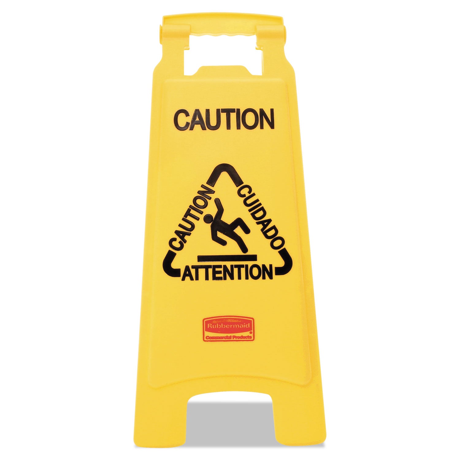 Rubbermaid® Commercial Multilingual "Caution" Floor Sign, 11 x 12 x 25, Bright Yellow