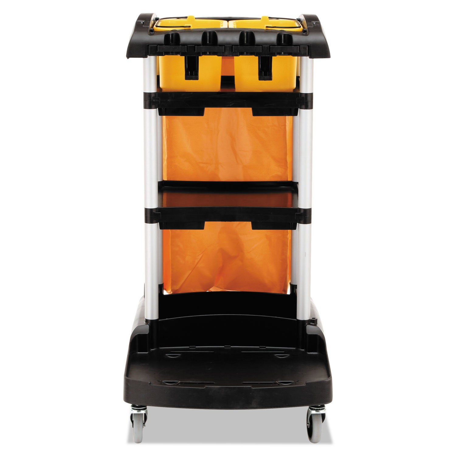 Rubbermaid® Commercial High Capacity Cleaning Cart, Plastic, 4 Shelves, 2 Bins, 21.75" x 49.75" x 38.38", Black