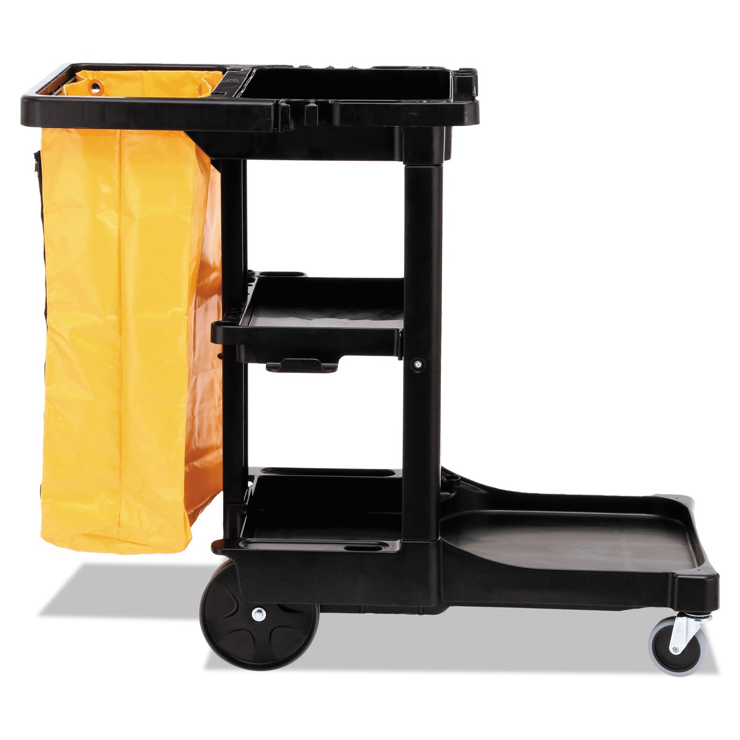 Rubbermaid® Commercial Multi-Shelf Cleaning Cart, Plastic, 4 Shelves, 1 Bin, 20" x 45" x 38.25", Black