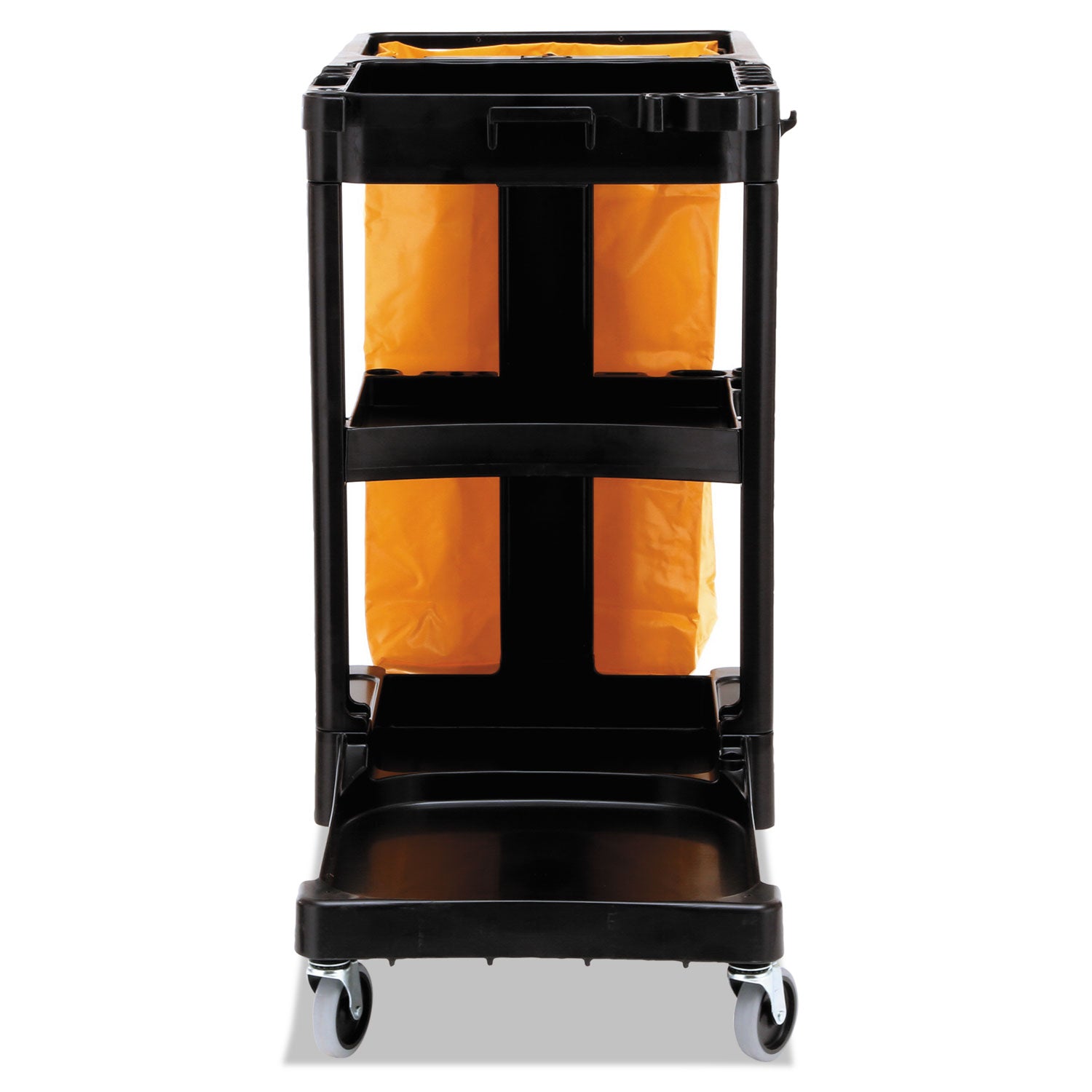 Rubbermaid® Commercial Multi-Shelf Cleaning Cart, Plastic, 4 Shelves, 1 Bin, 20" x 45" x 38.25", Black