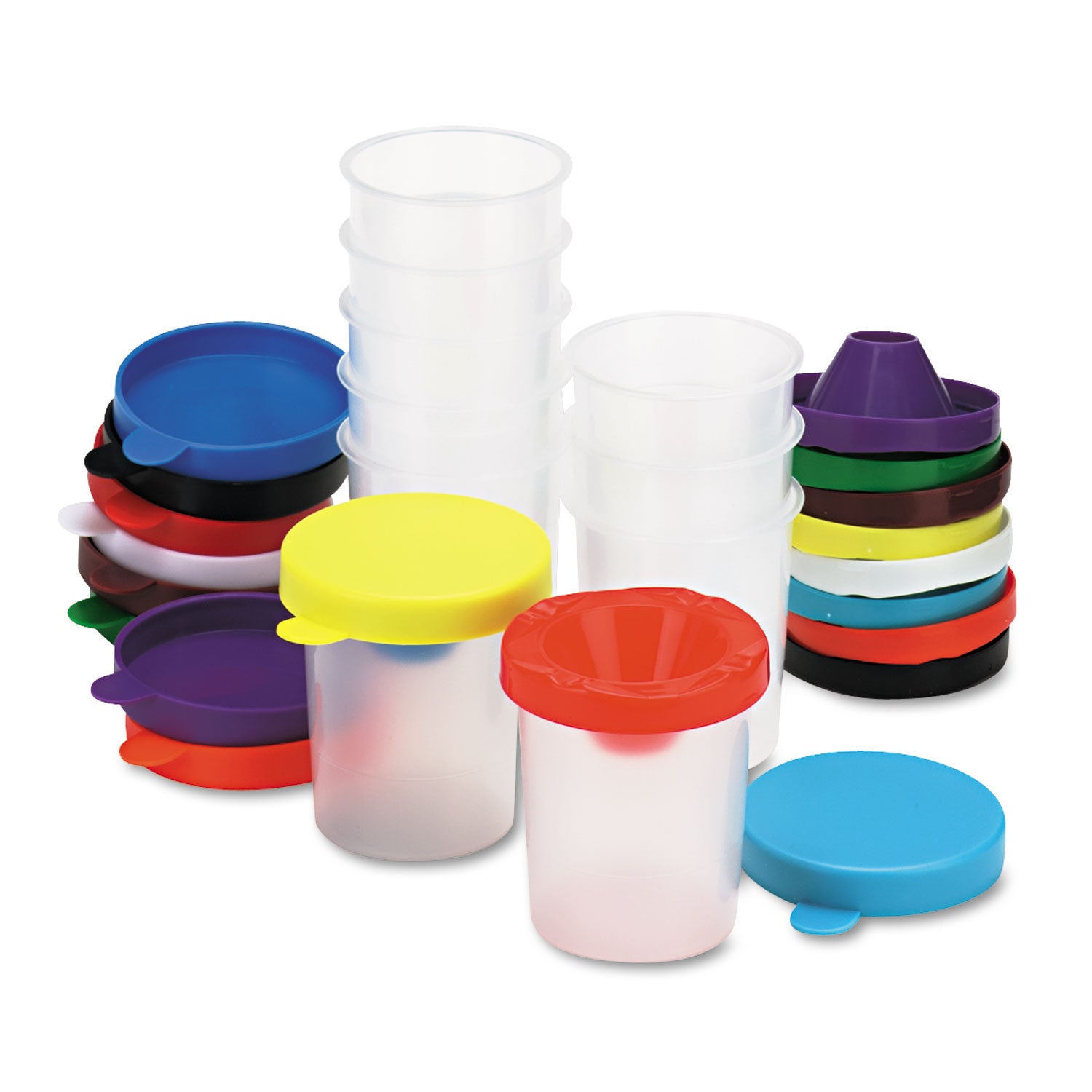 No-Spill Paint Cups, Assorted Color Lids/Cear Cups, 10/Set