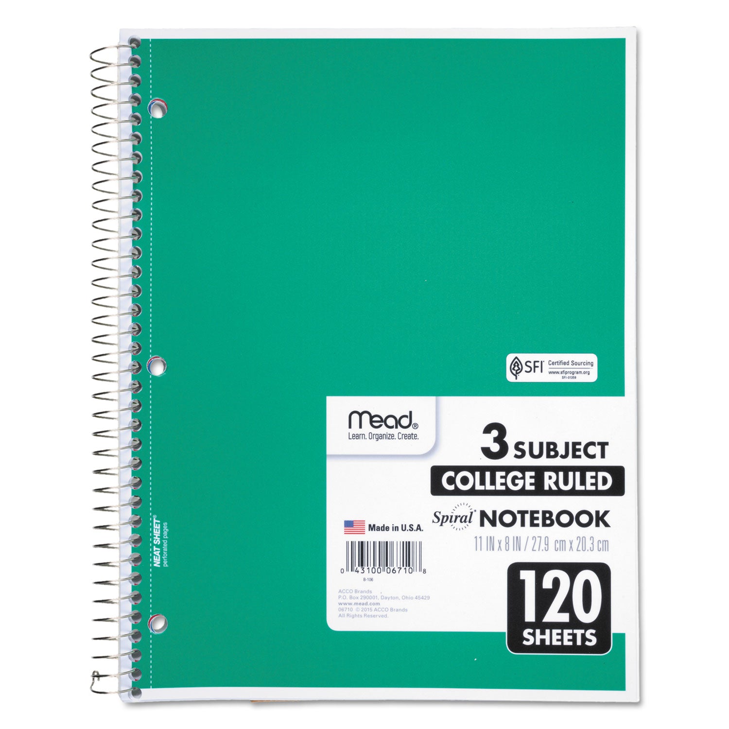 Mead® Spiral Notebook, 3-Subject, Medium/College Rule, Randomly Assorted Cover Color, (120) 11 x 8 Sheets