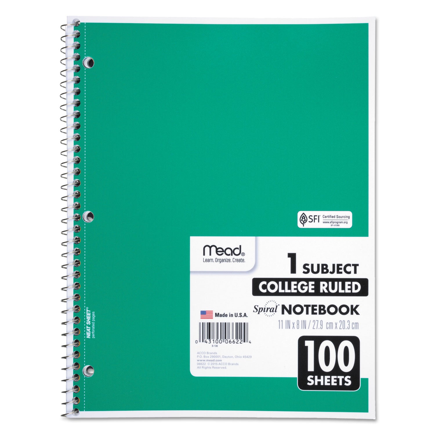 Mead® Spiral Notebook, 3-Hole Punched, 1-Subject, Medium/College Rule, Randomly Assorted Cover Color, (100) 11 x 8 Sheets