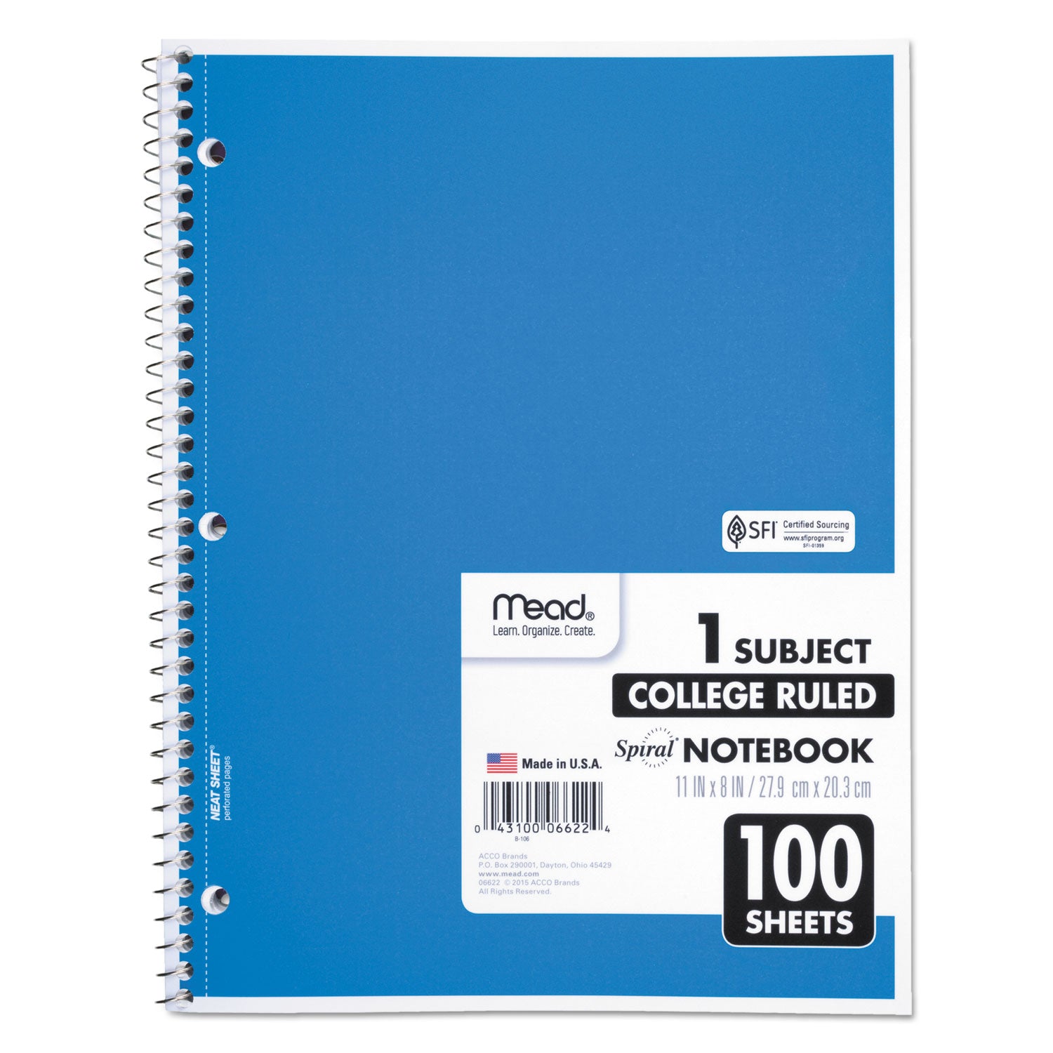 Mead® Spiral Notebook, 3-Hole Punched, 1-Subject, Medium/College Rule, Randomly Assorted Cover Color, (100) 11 x 8 Sheets