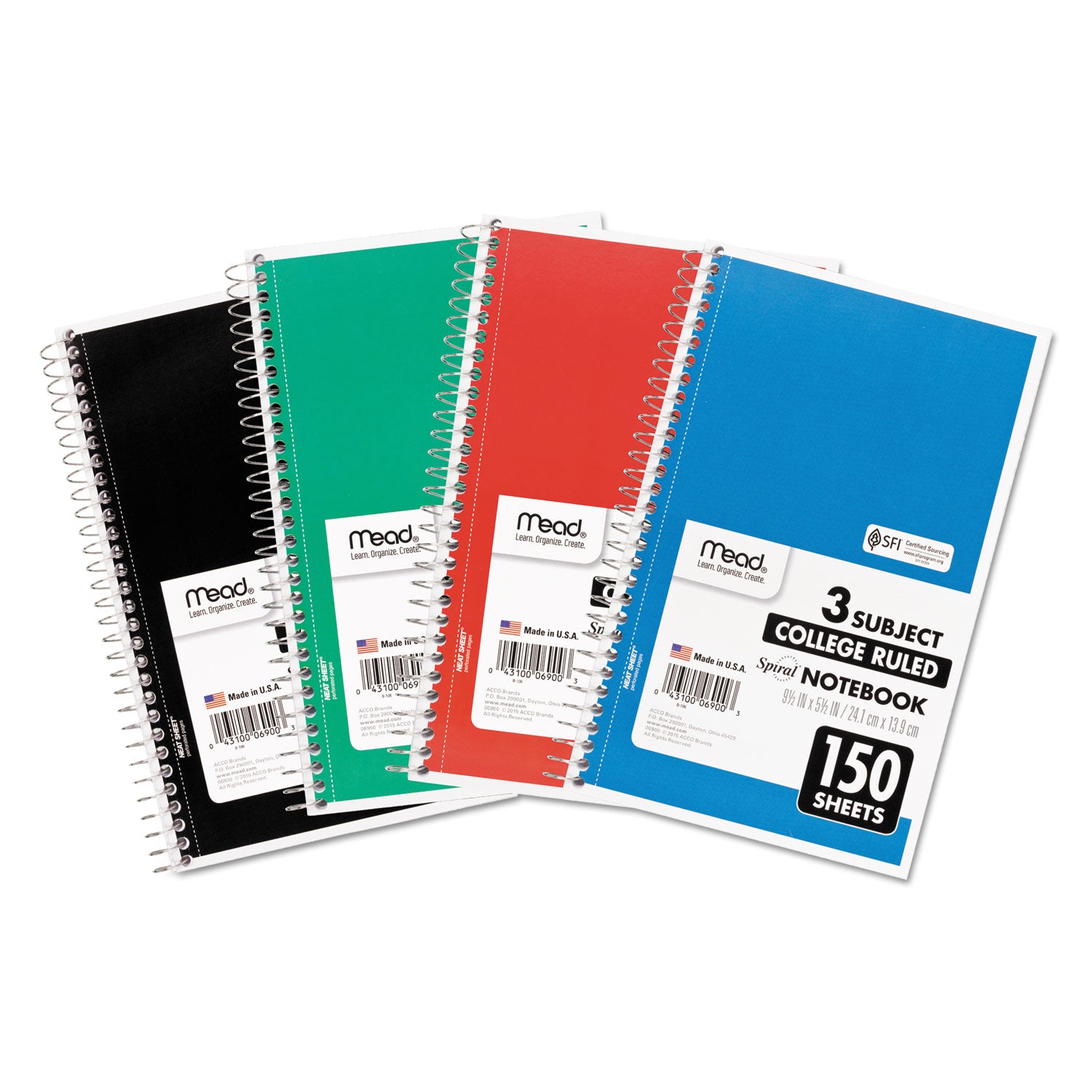 Mead® Spiral Notebook, 3-Subject, Medium/College Rule, Randomly Assorted Cover Color, (150) 9.5 x 5.5 Sheets