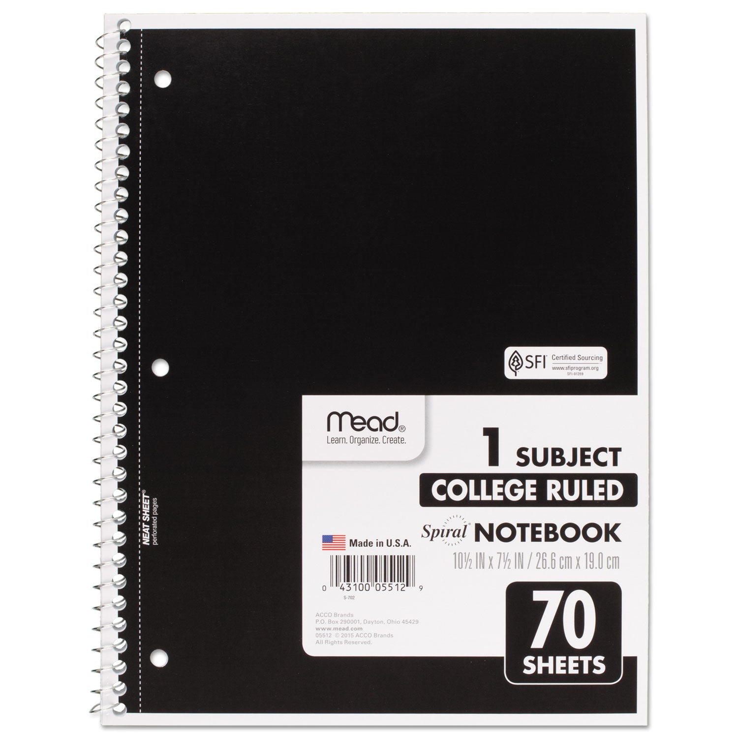 Spiral Notebook, 3-Hole Punched, 1-Subject, Medium/College Rule, Randomly Assorted Cover Color, (70) 10.5 x 7.5 Sheets