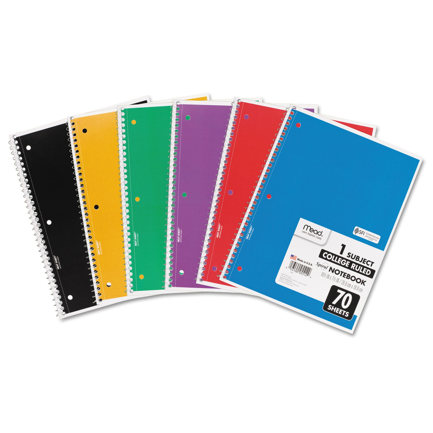 Mead® Spiral Notebook, 3-Hole Punched, 1-Subject, Medium/College Rule, Randomly Assorted Cover Color, (70) 10.5 x 7.5 Sheets