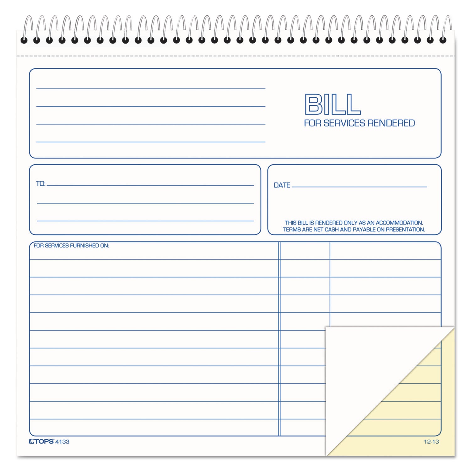 Bill for Services Rendered Book, Two-Part Carbonless, 8.5 x 7.75, 50 Forms Total