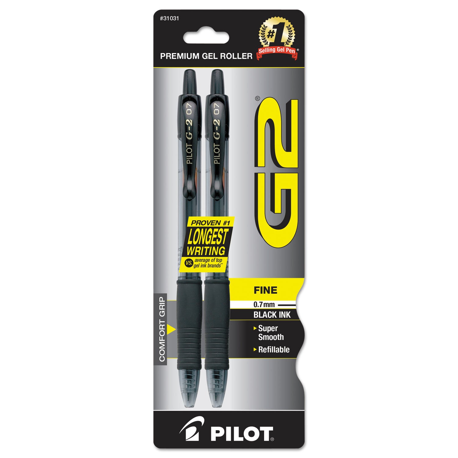 Pilot® G2 Premium Gel Pen, Retractable, Fine 0.7 mm, Black Ink, Smoke/Black Barrel, 2/Pack