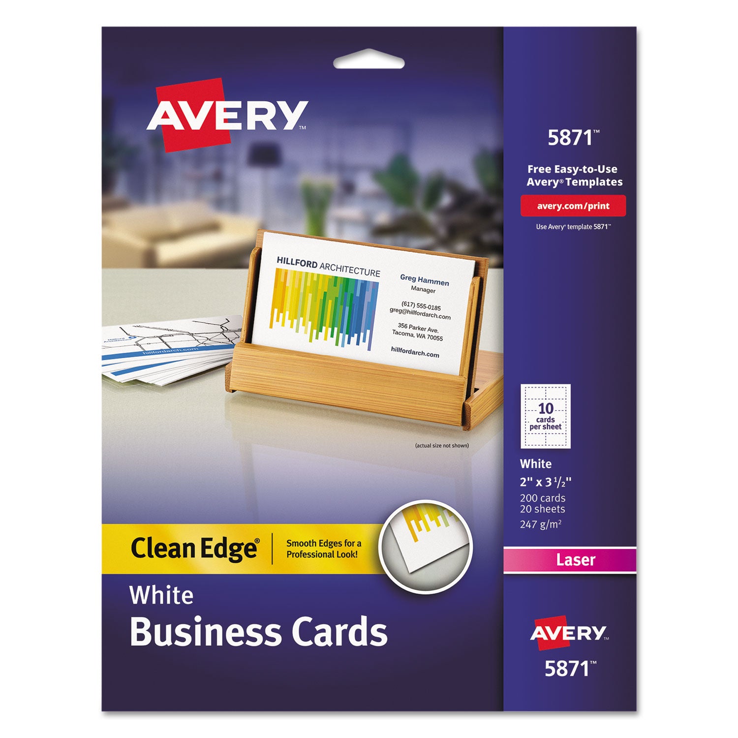 Clean Edge Business Cards, Laser, 2 x 3.5, White, 200 Cards, 10 Cards/Sheet, 20 Sheets/Pack